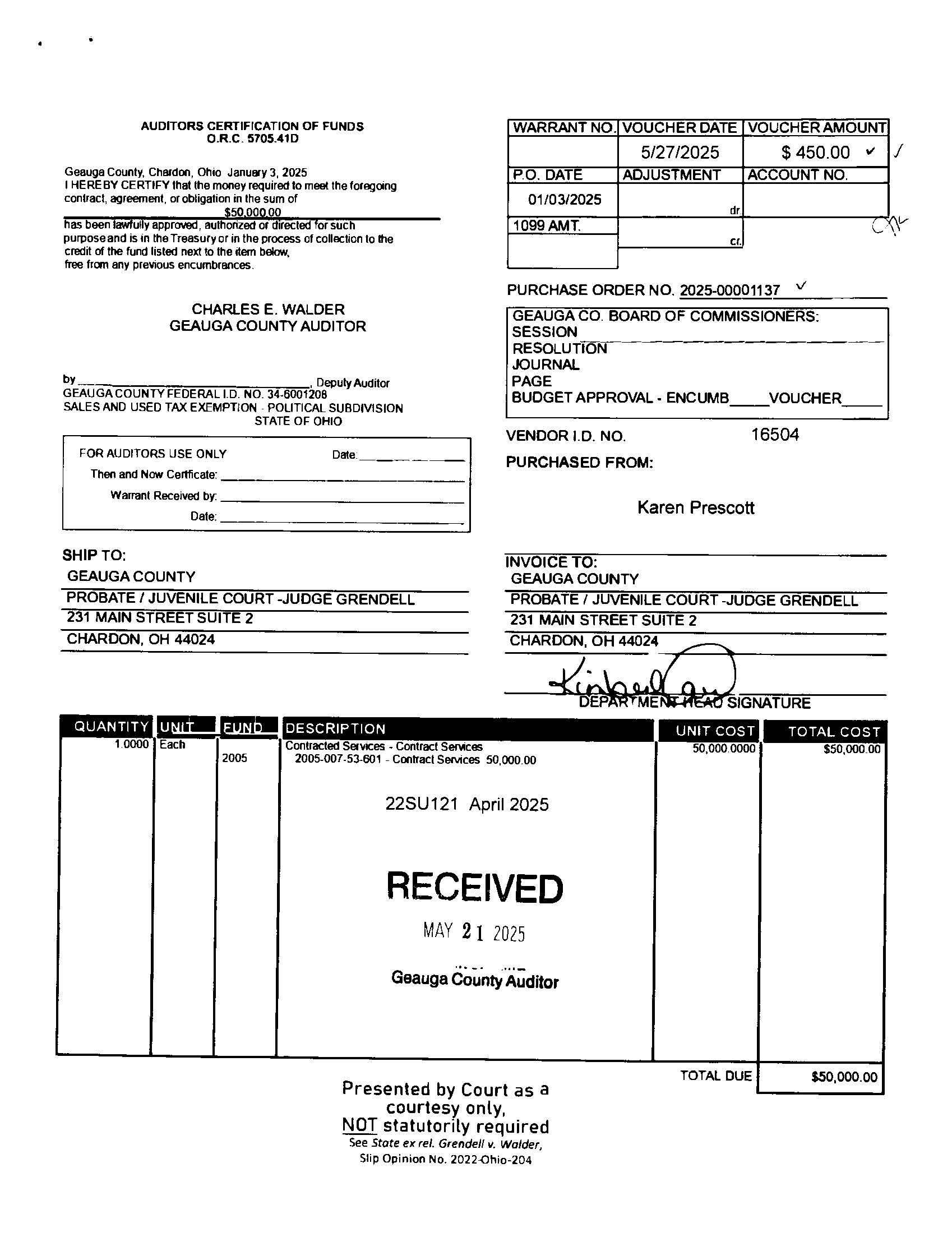 Auditor's Certification of Funds