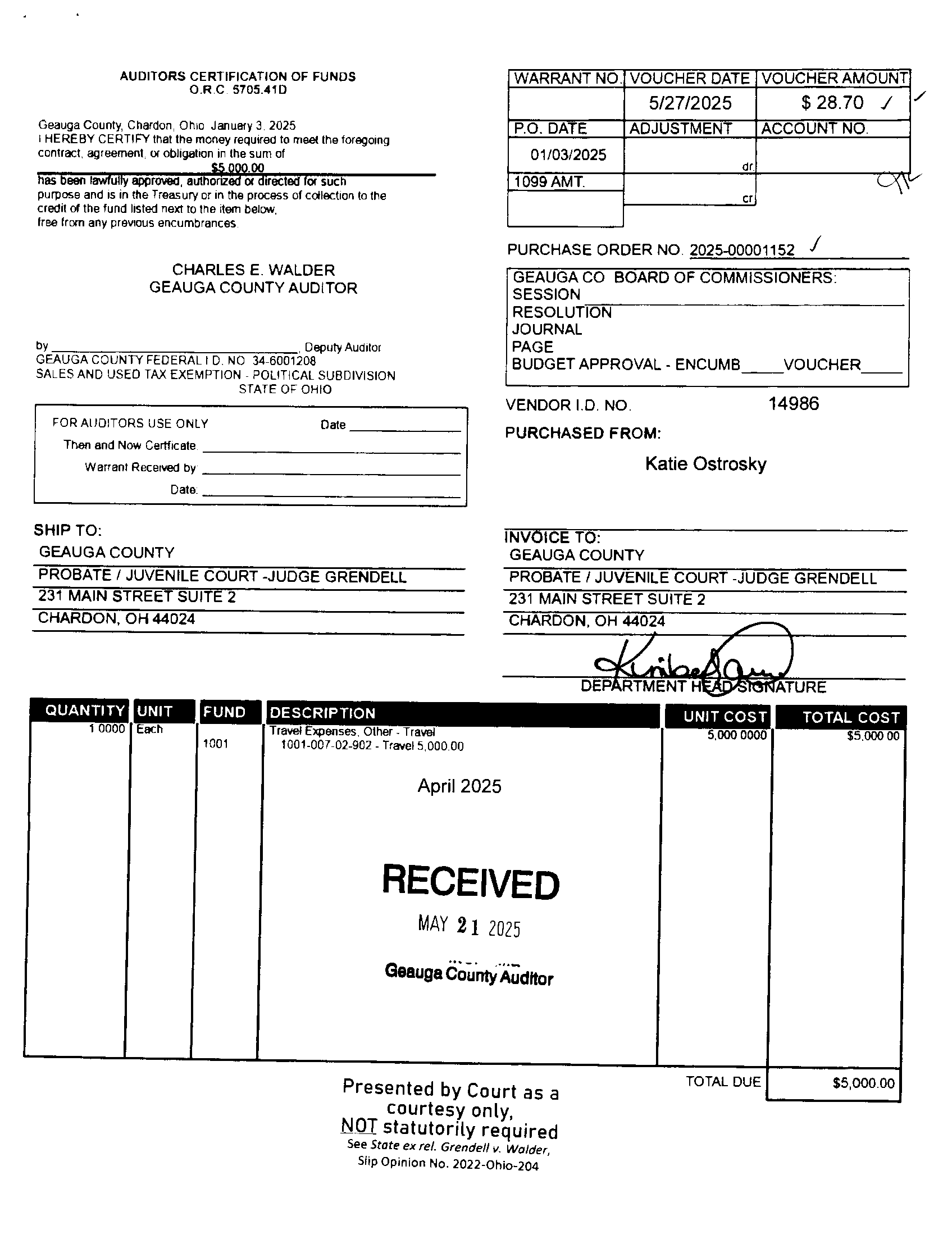 Auditor's Certification of Funds