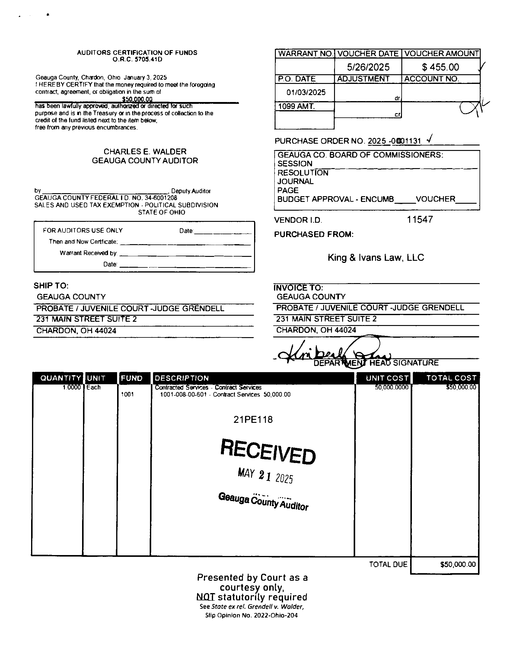 Auditor's Certification of Funds