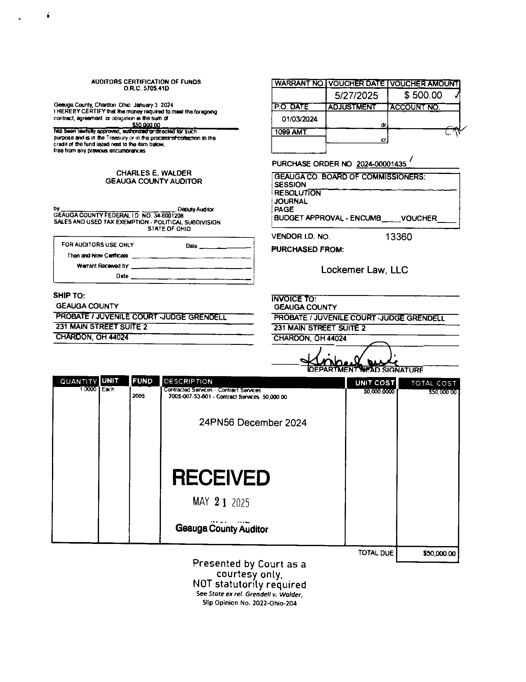 Auditor's Certification of Funds