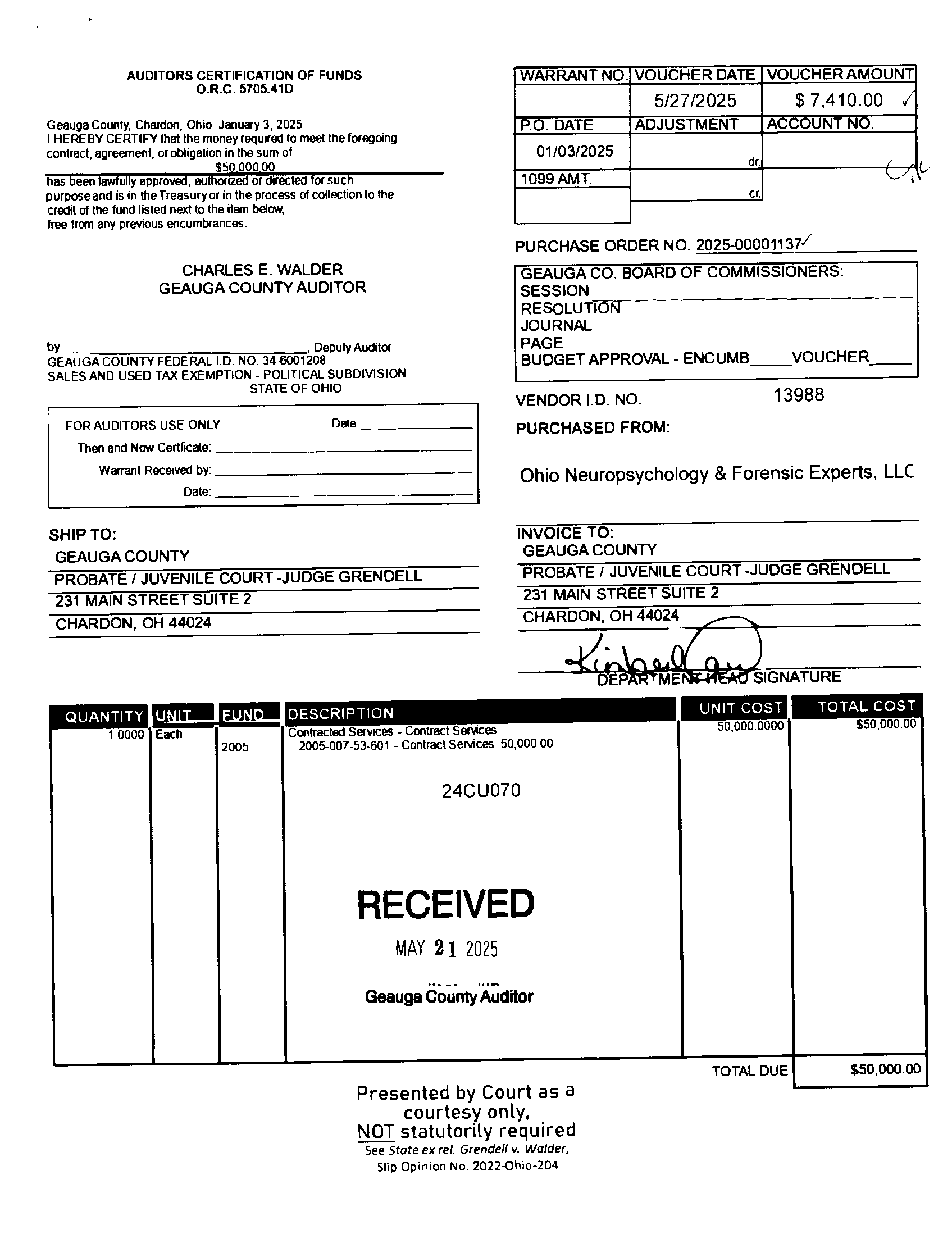 Auditor's Certification of Funds