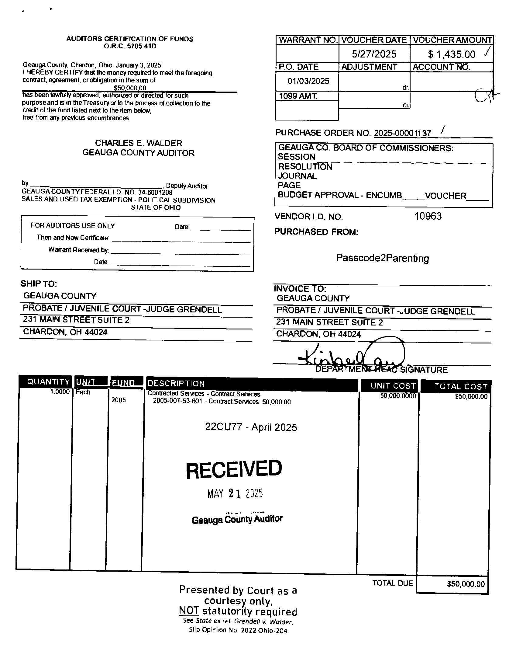 Auditor's Certification of Funds