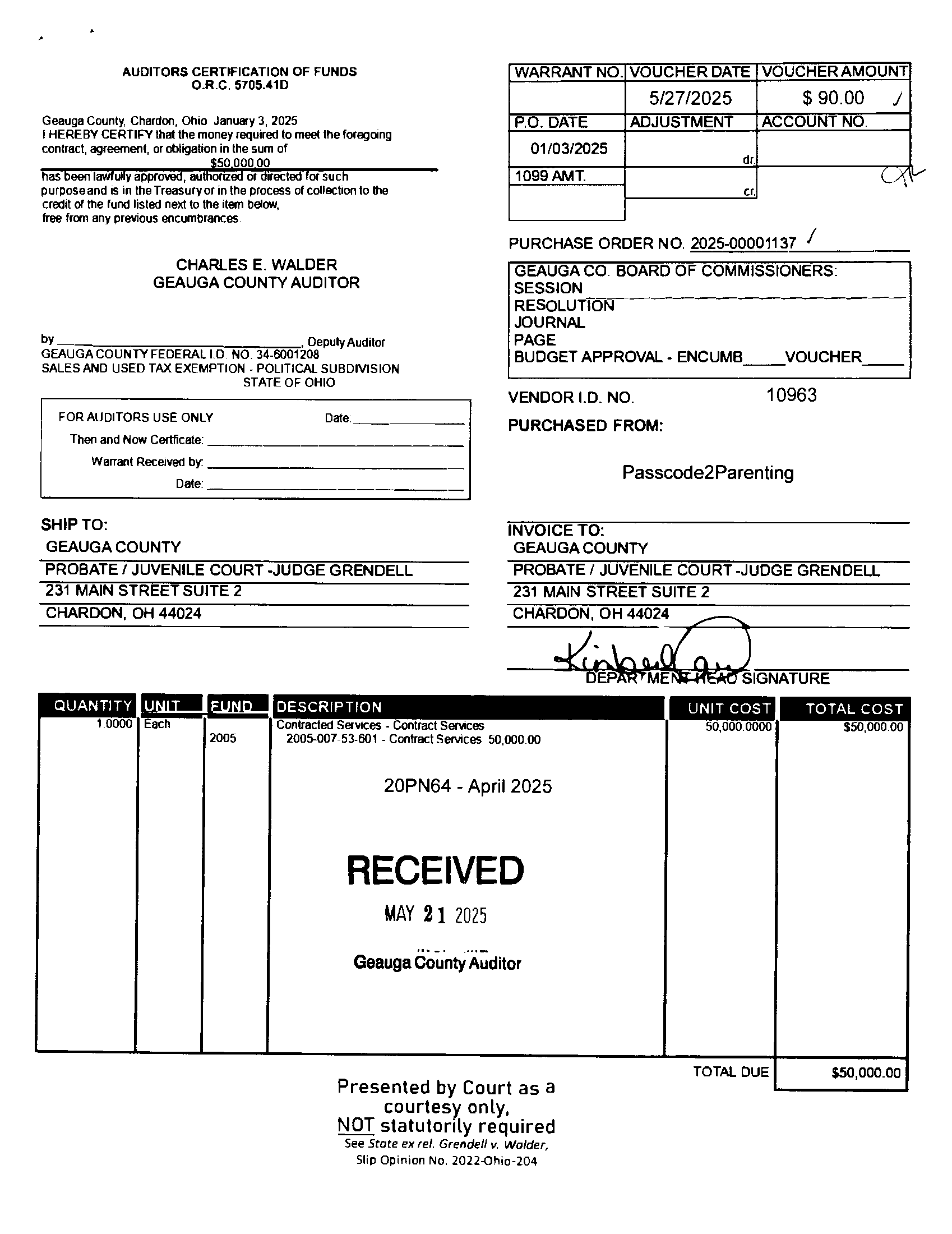 Auditor's Certification of Funds