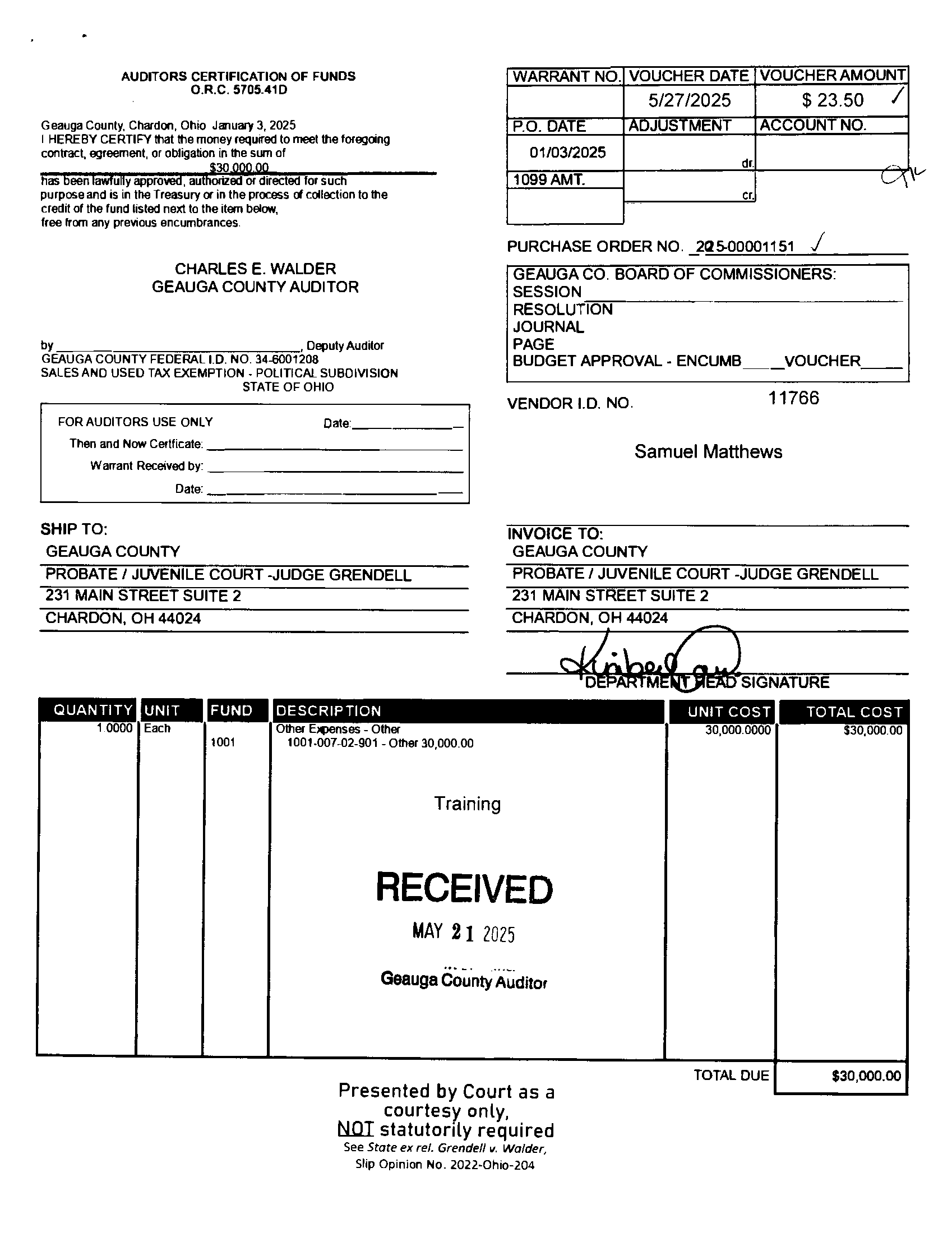Auditor's Certification of Funds