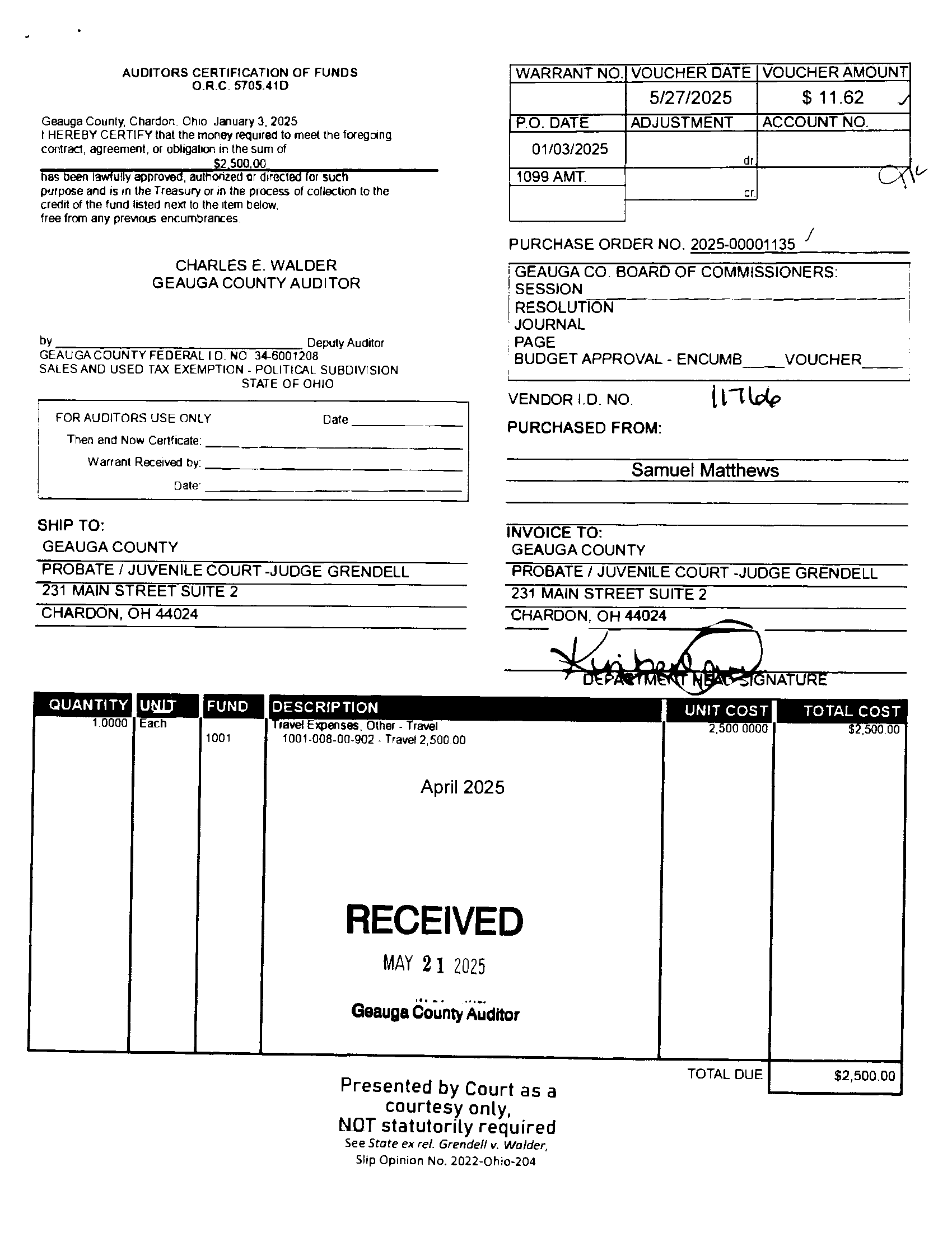 Auditor's Certification of Funds