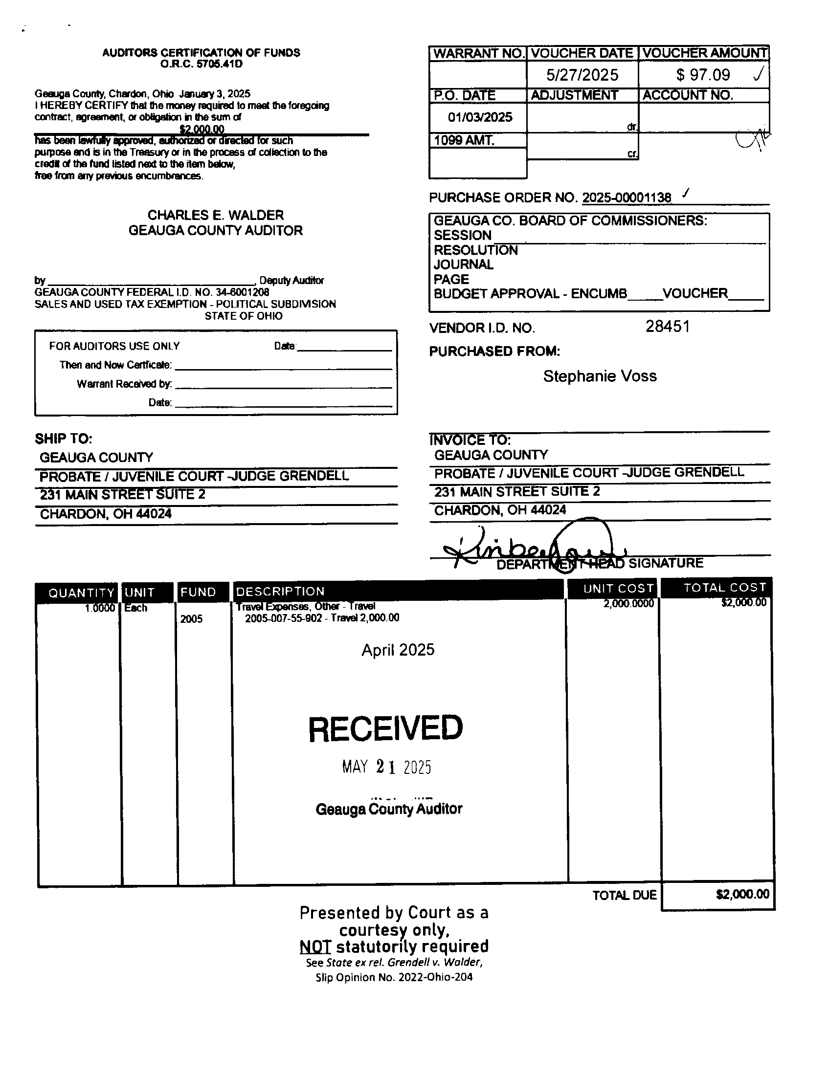 Auditor's Certification of Funds