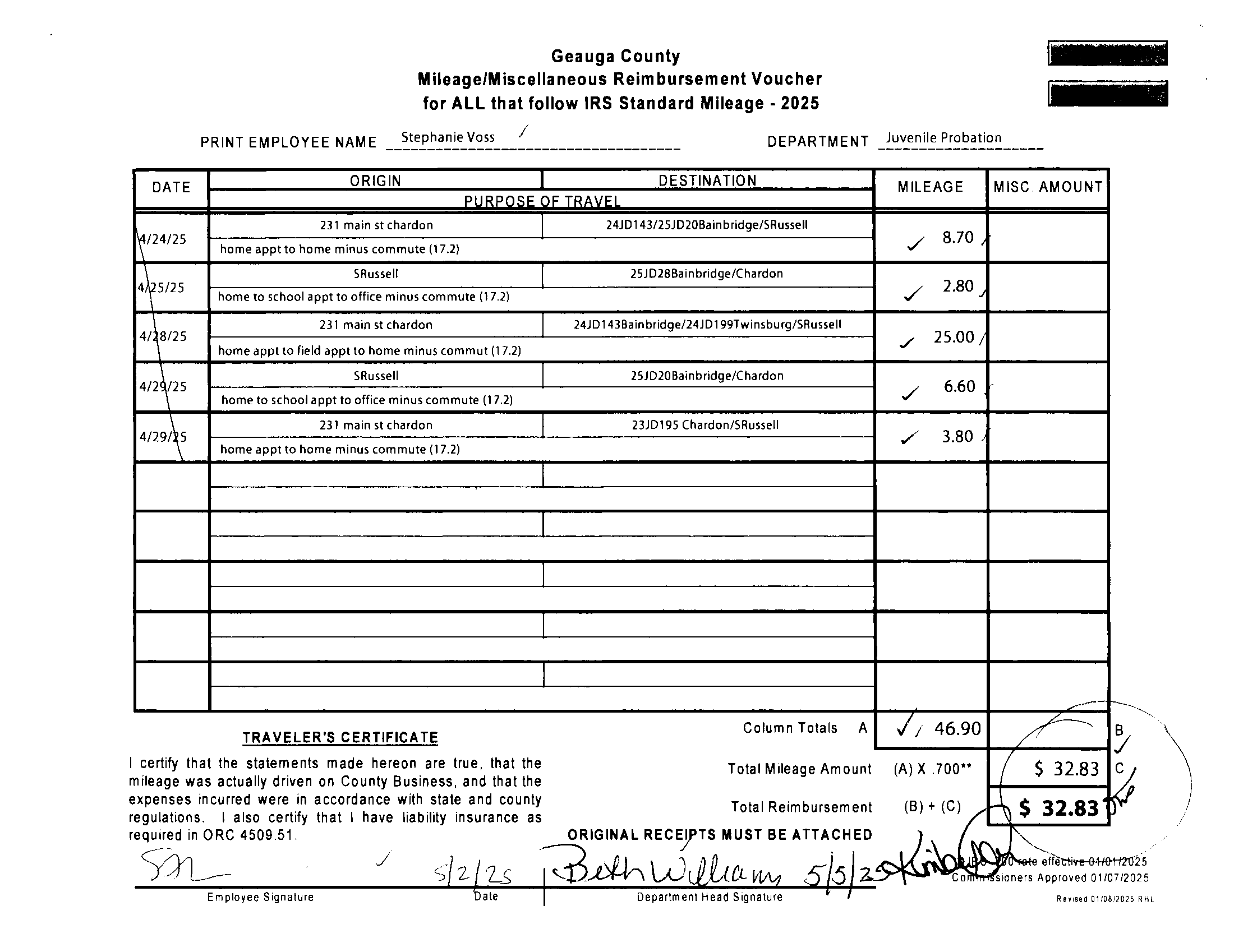 Mileage Reimbursement Voucher Continuation