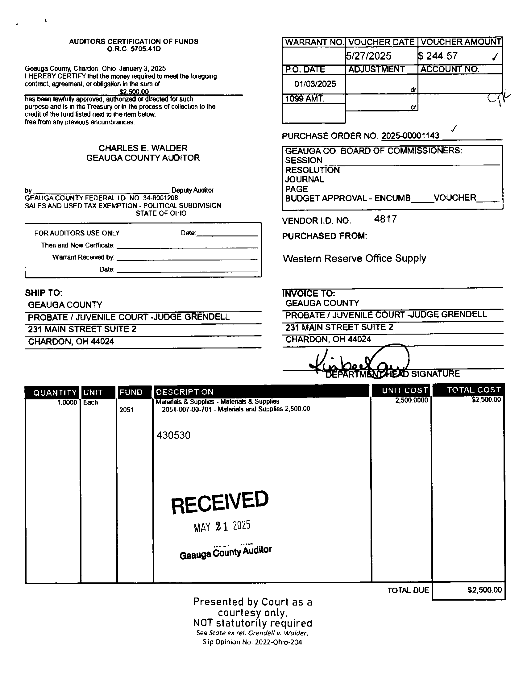 Auditor's Certification of Funds