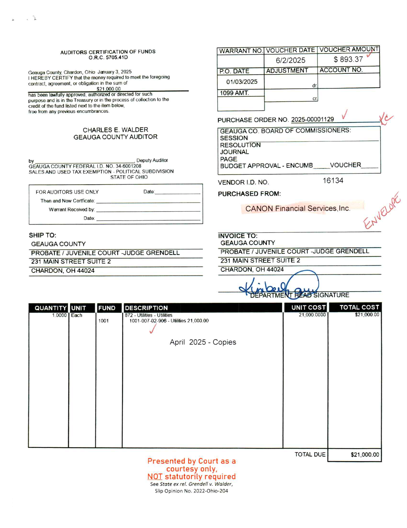 Auditor's Certification of Funds