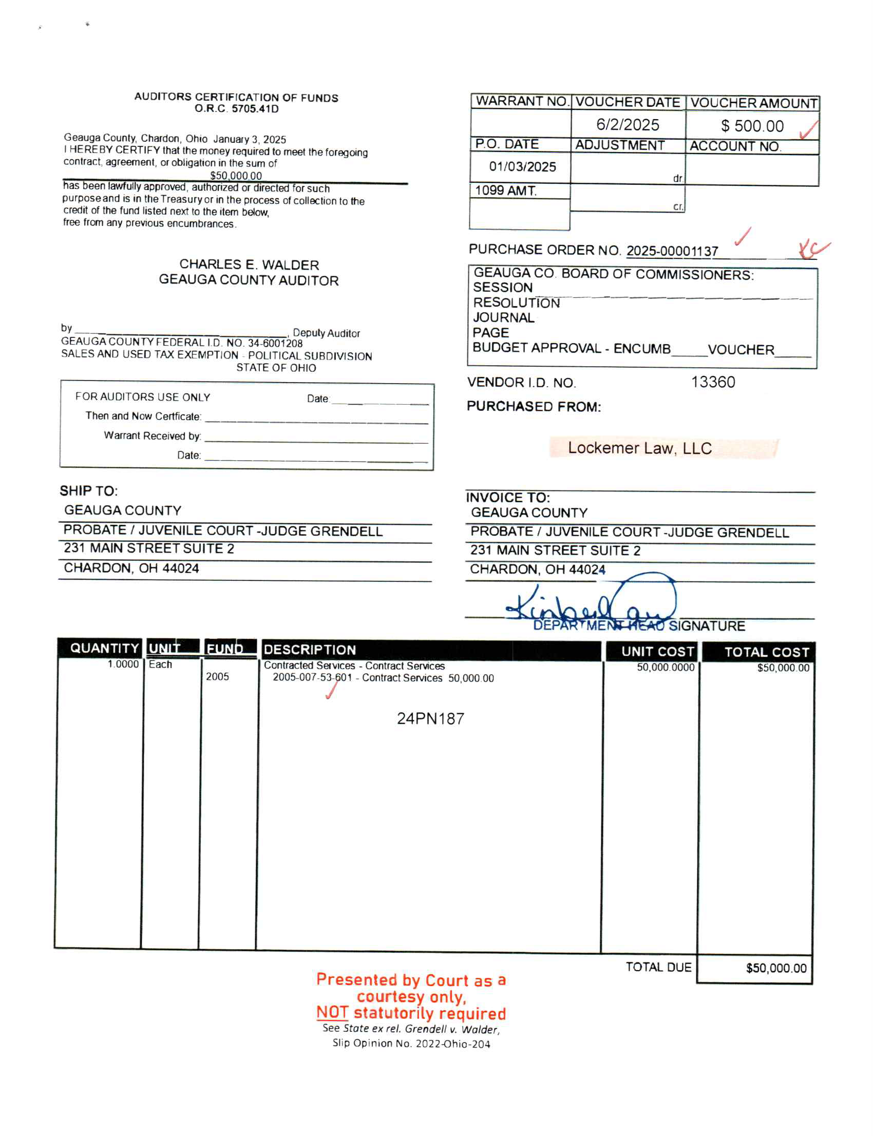 Auditor's Certification of Funds