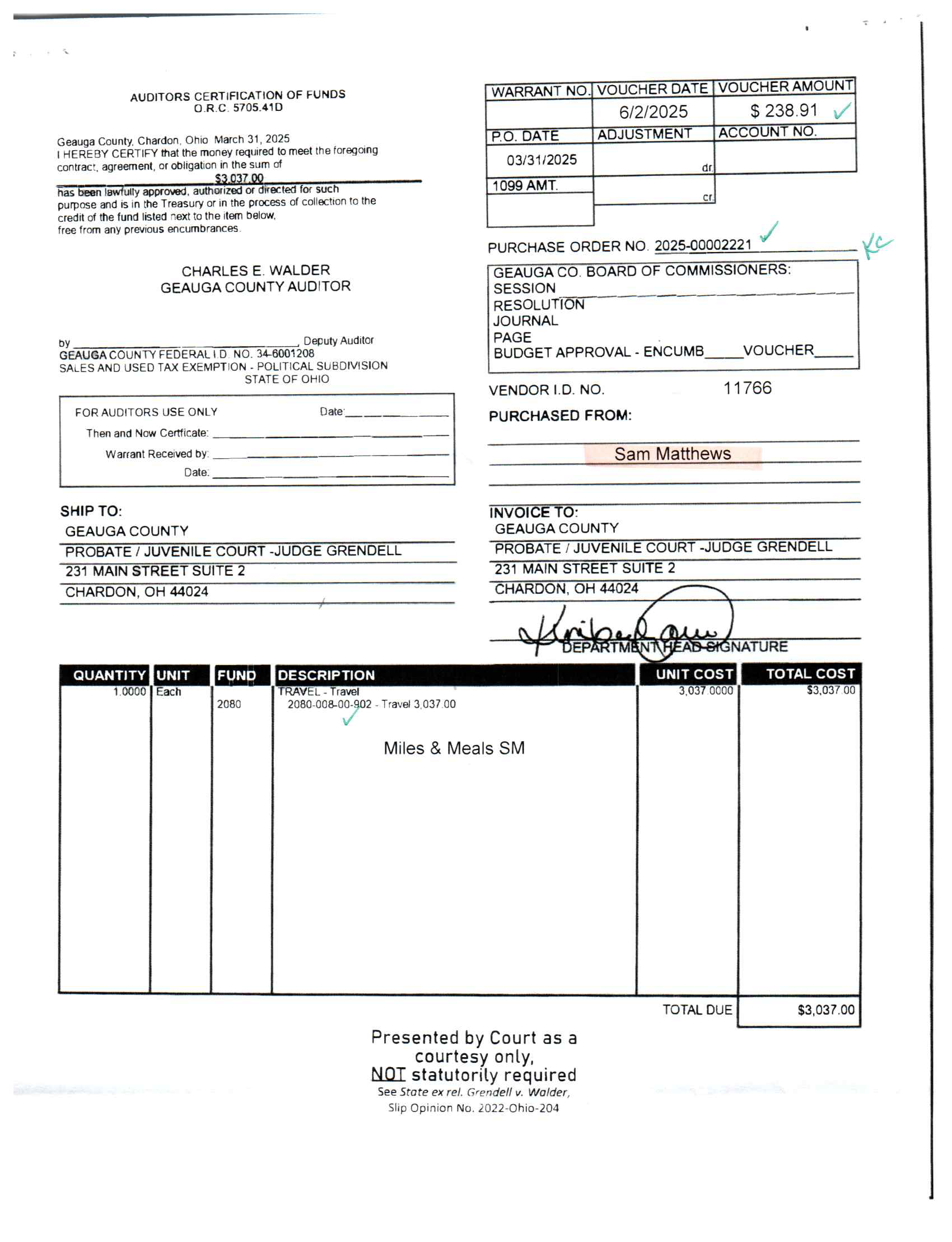 Auditor's Certification of Funds