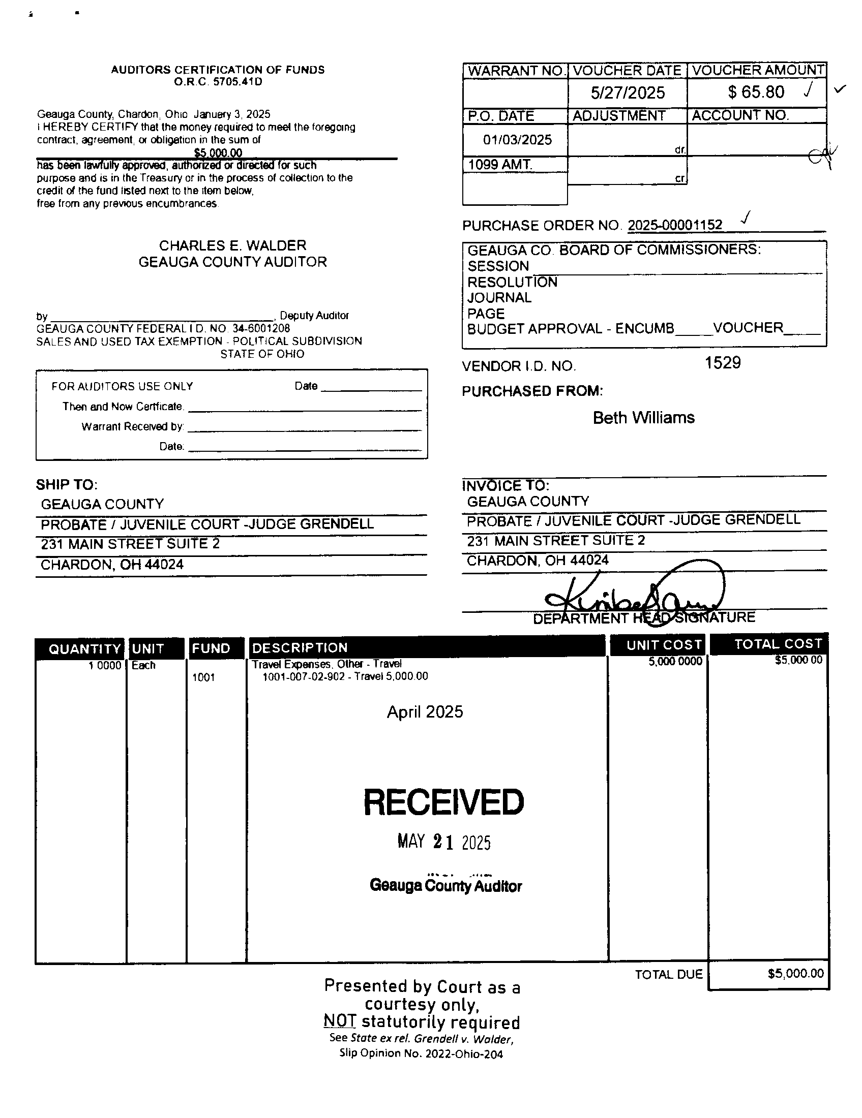 Auditor's Certification of Funds