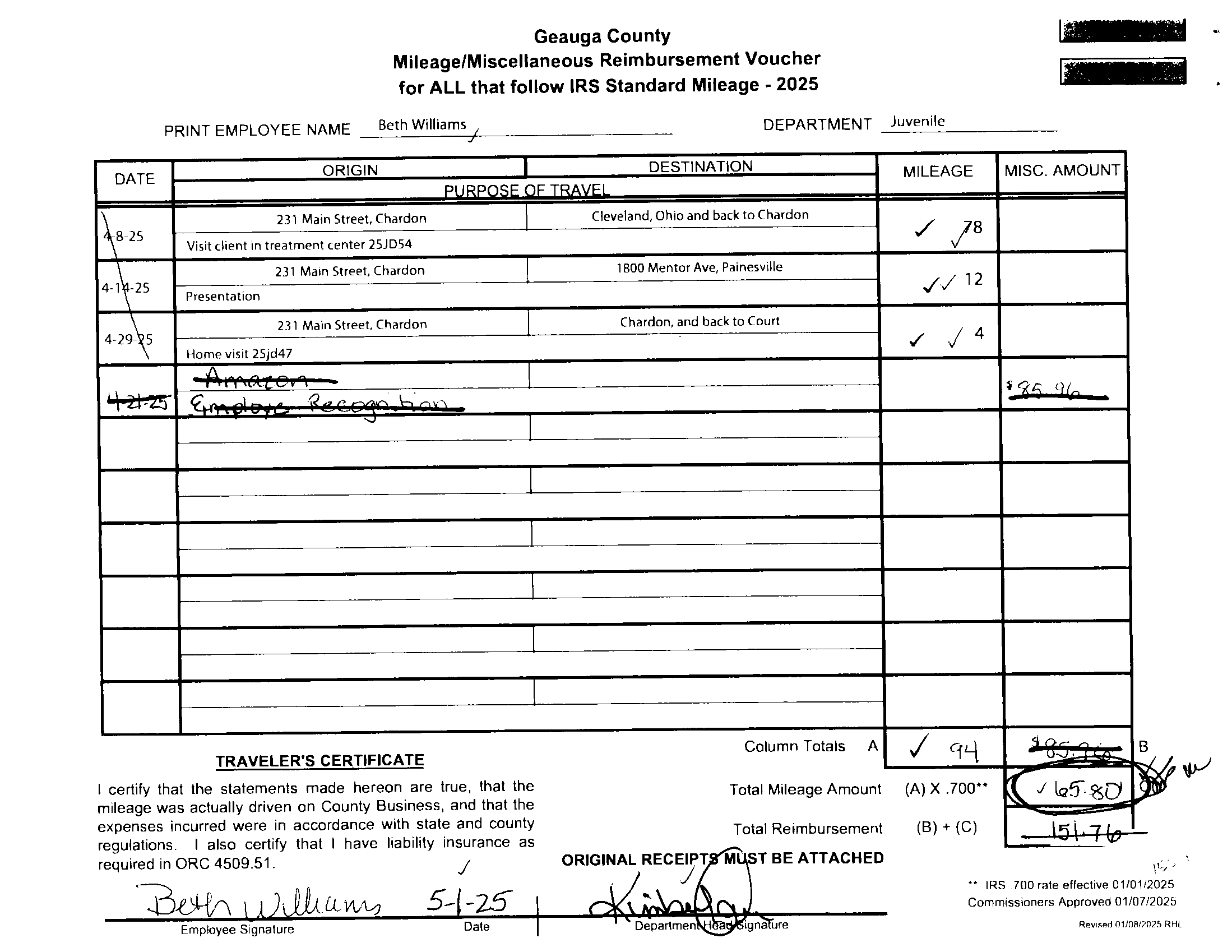 Mileage Reimbursement Voucher