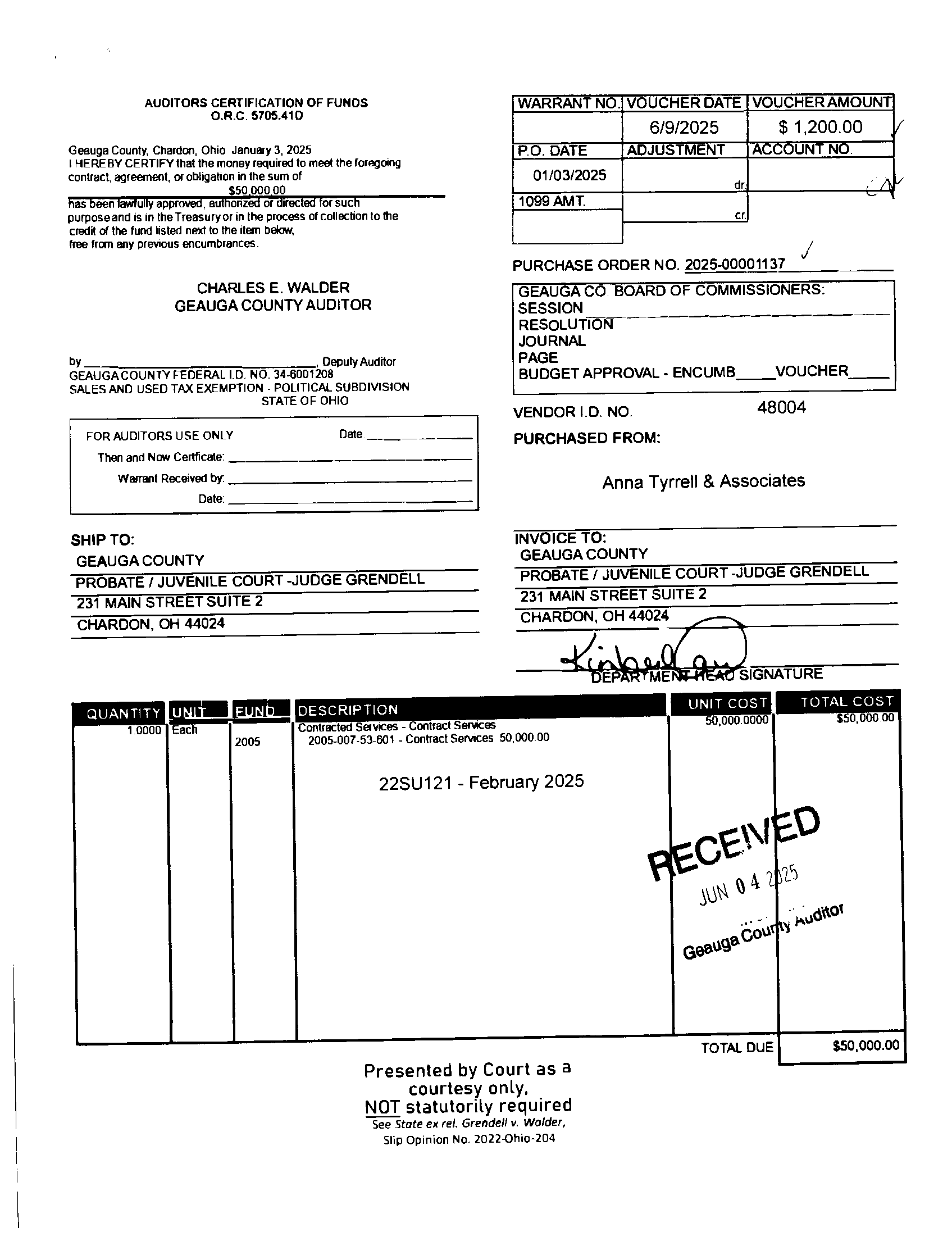 Auditor's Certification of Funds