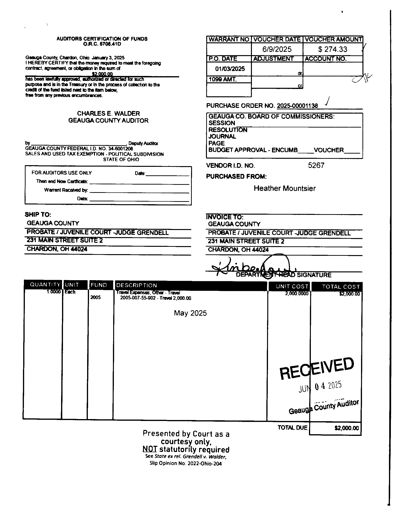 Auditor's Certification of Funds