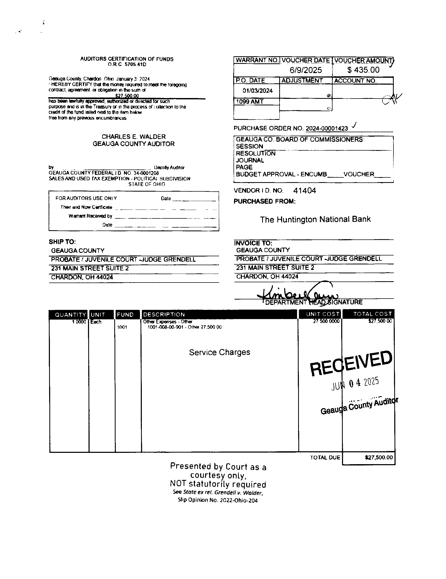 Auditor's Certification of Funds