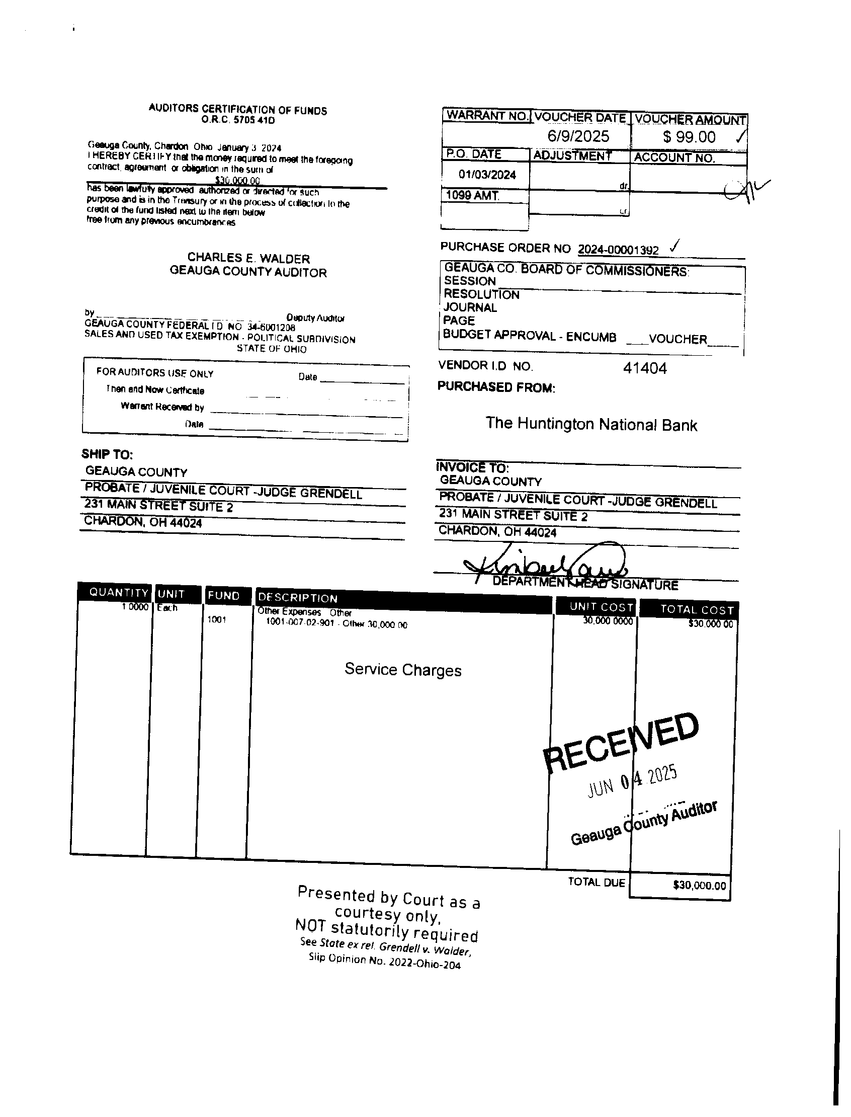 Auditor's Certification of Funds