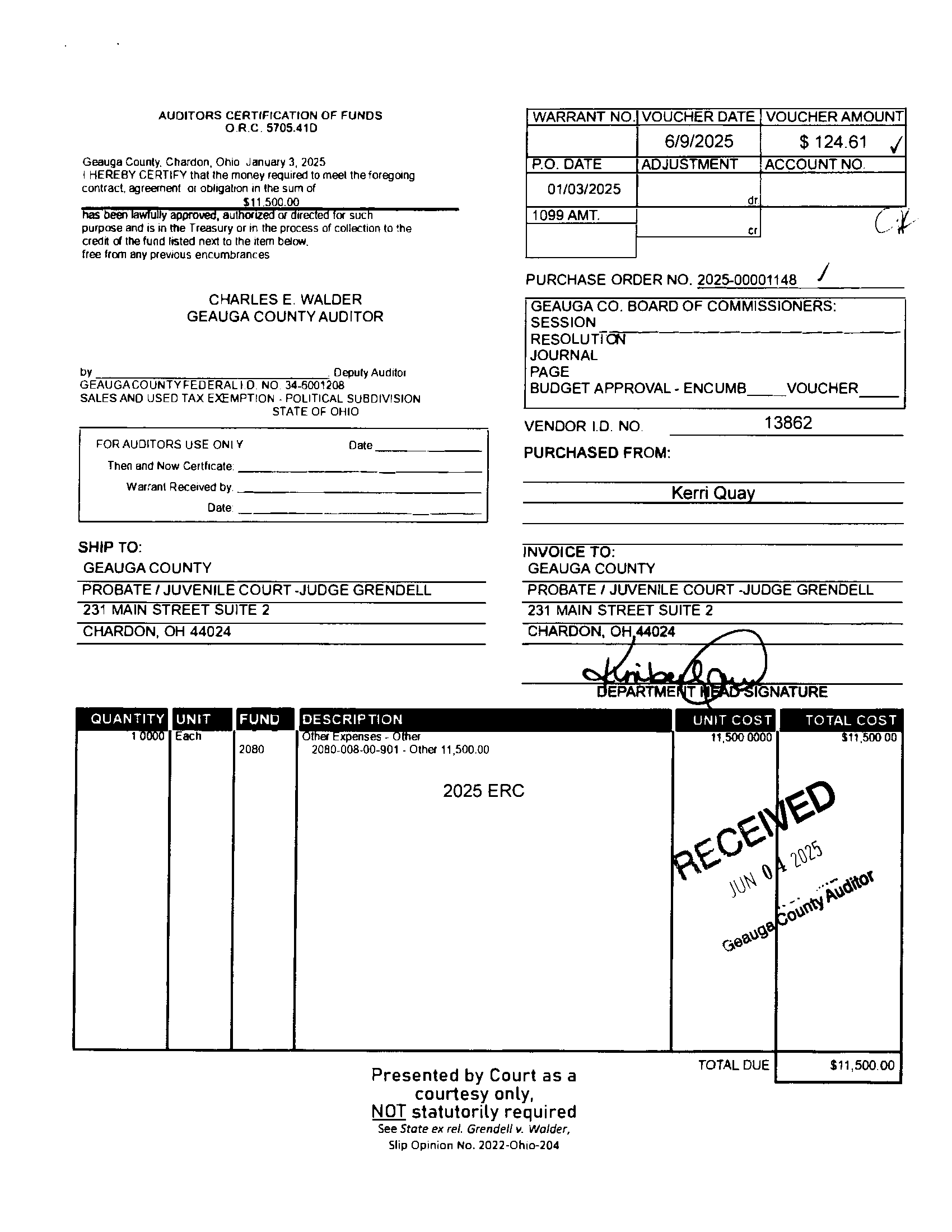 Auditor's Certification of Funds