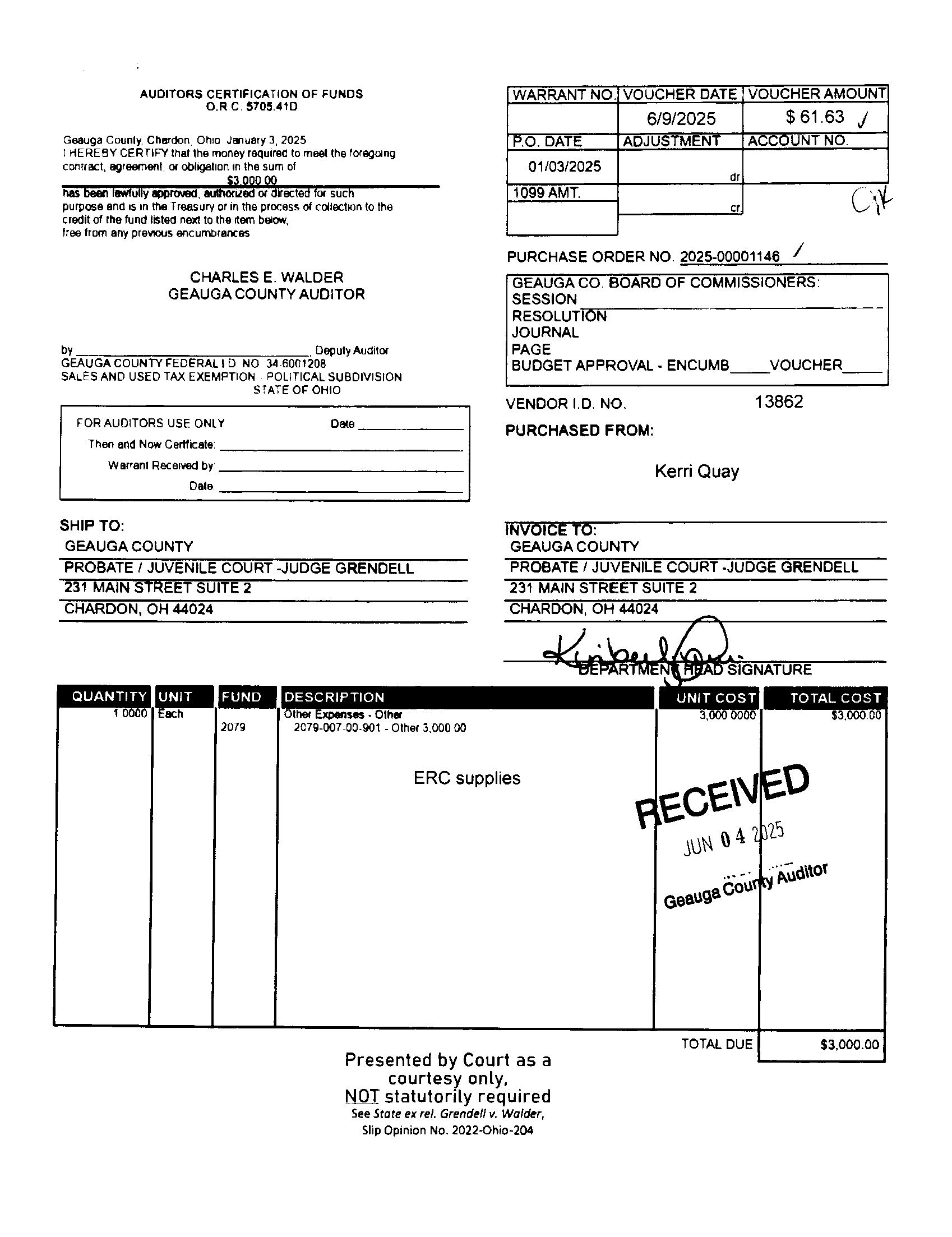 Auditor's Certification of Funds