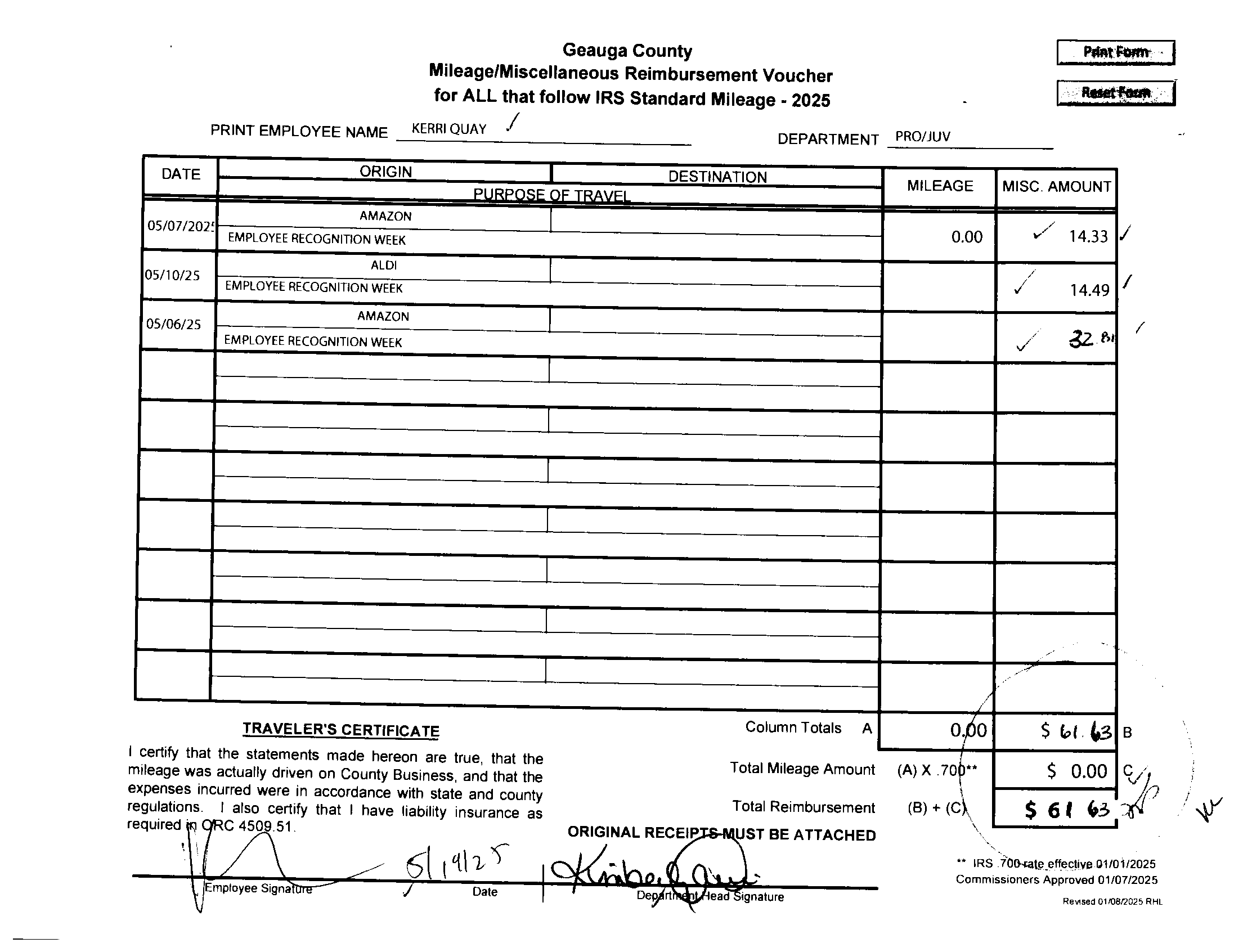 Mileage Reimbursement Voucher
