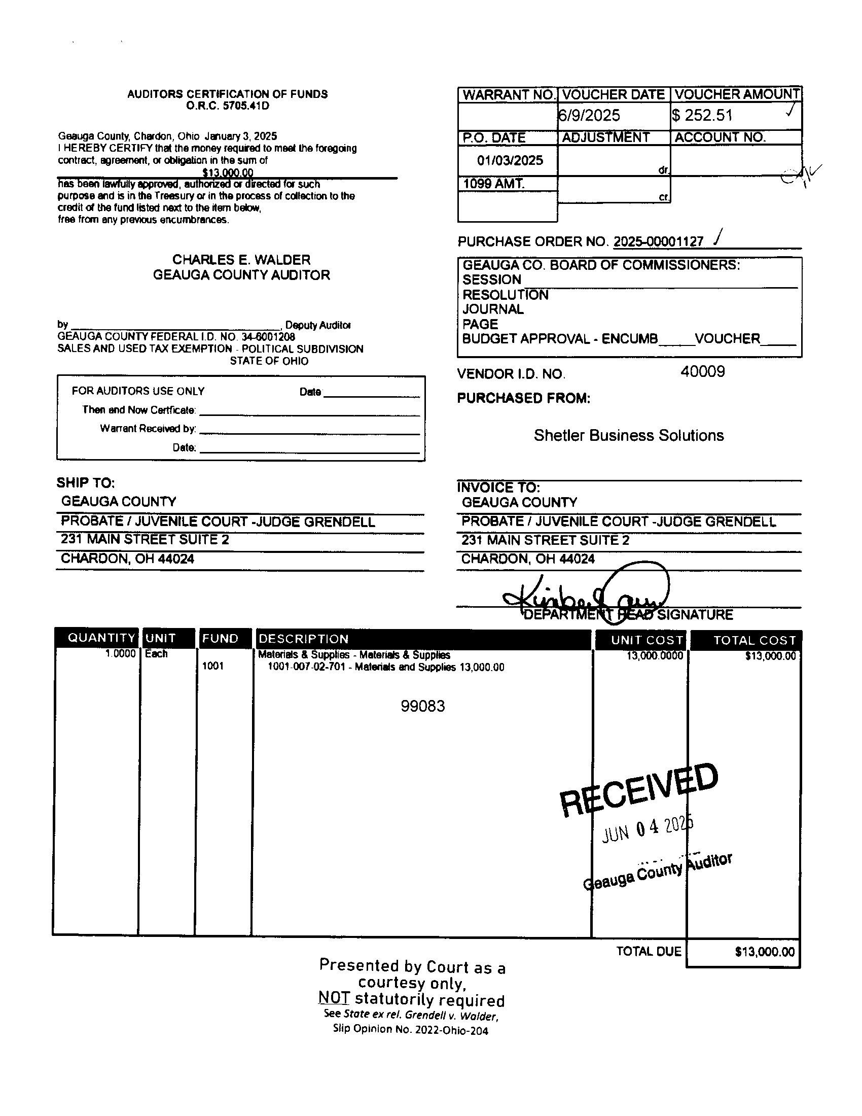 Auditor's Certification of Funds
