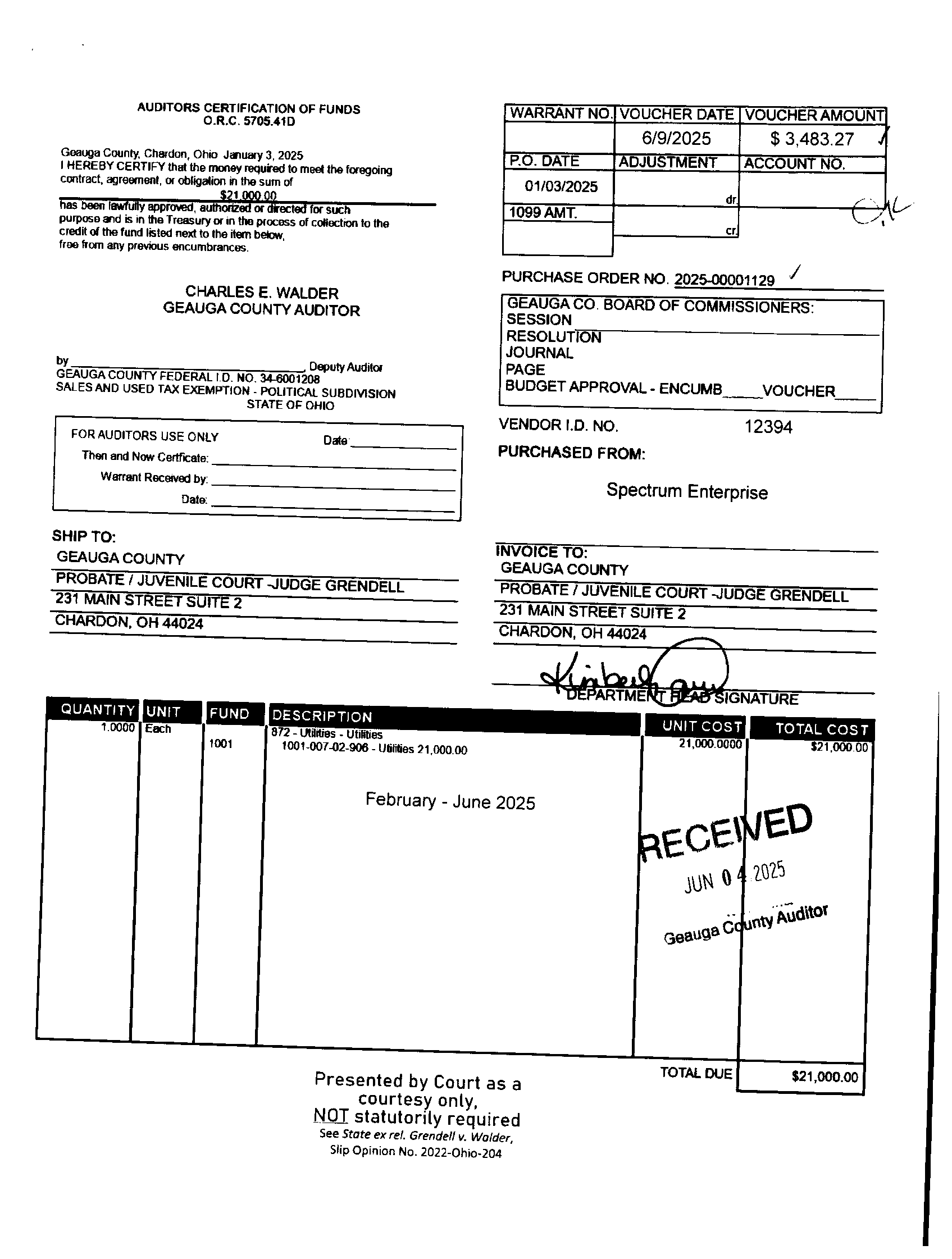 Auditor's Certification of Funds