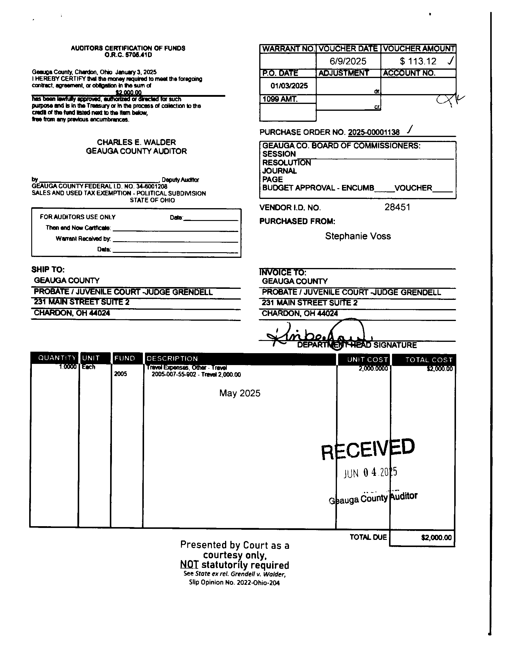Auditor's Certification of Funds