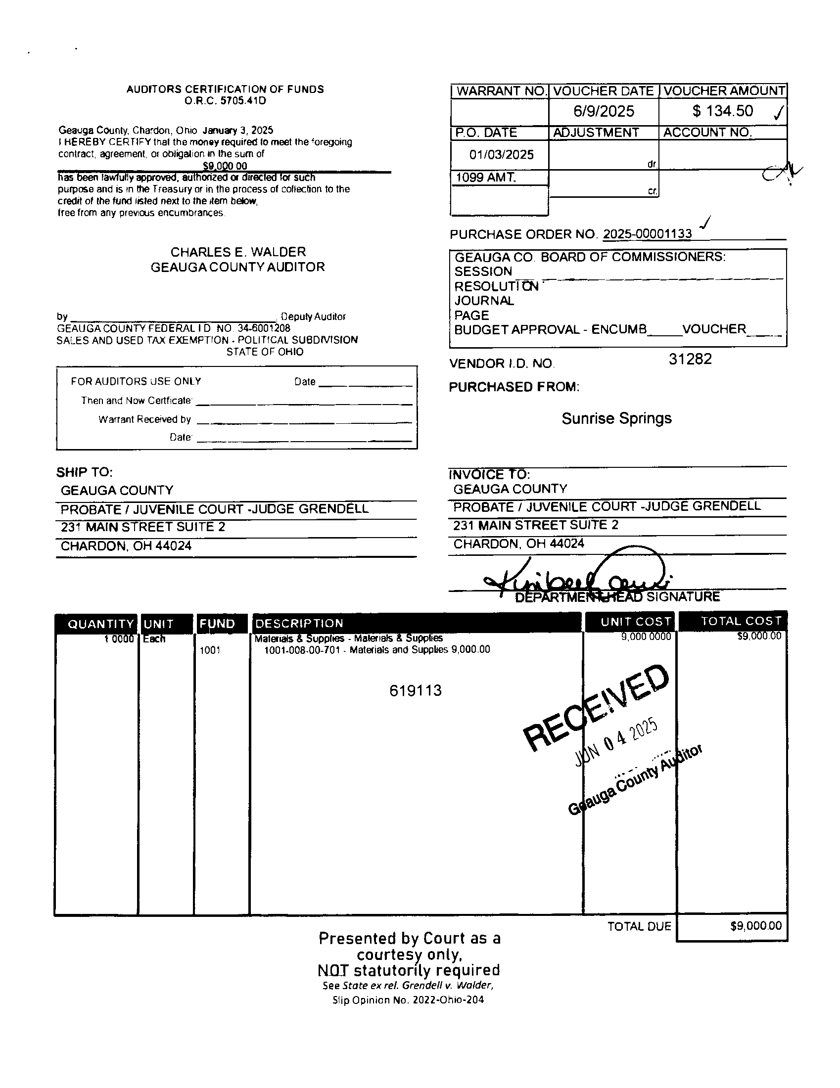 Auditor's Certification of Funds