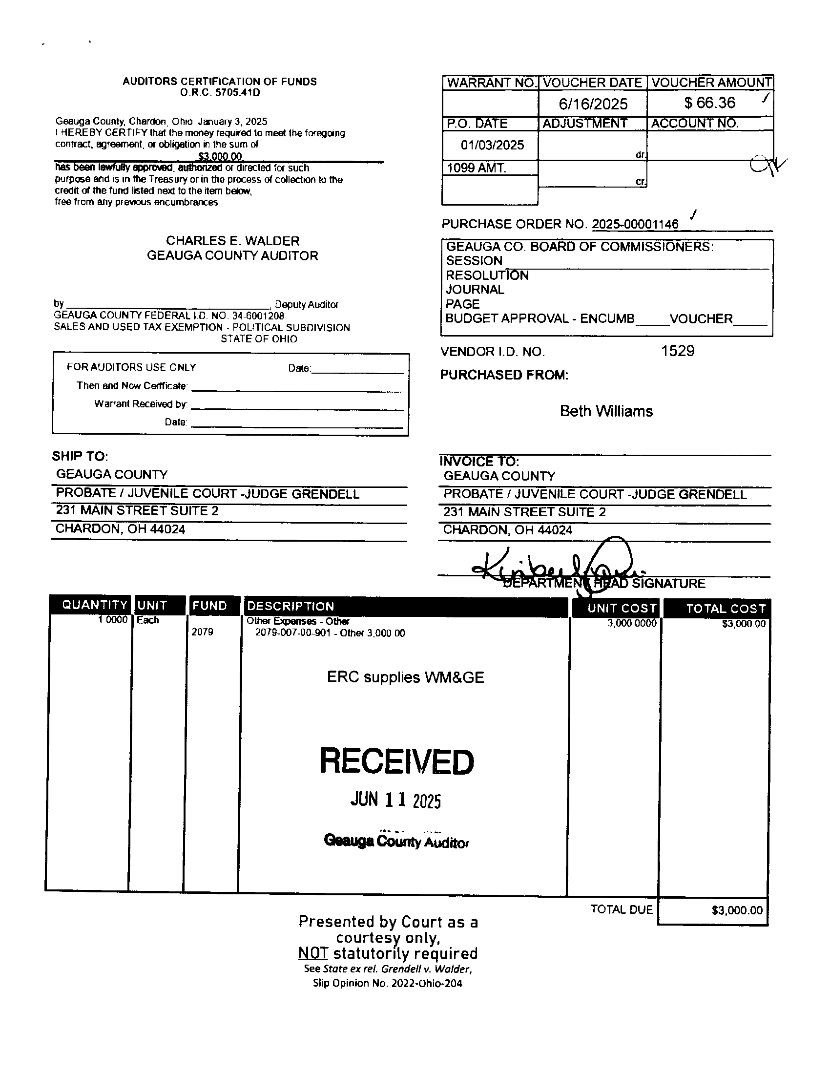 Auditor's Certification of Funds