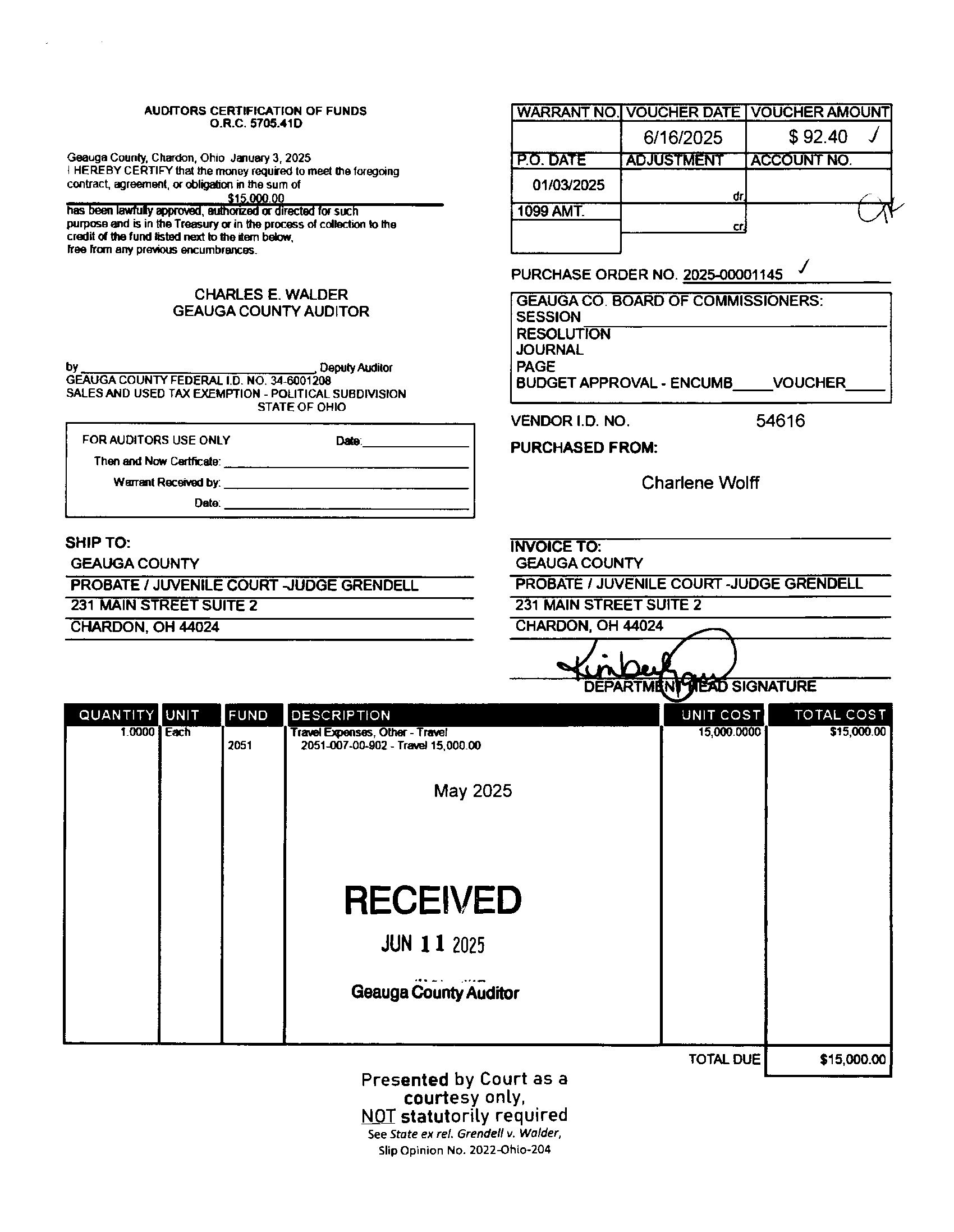 Auditor's Certification of Funds