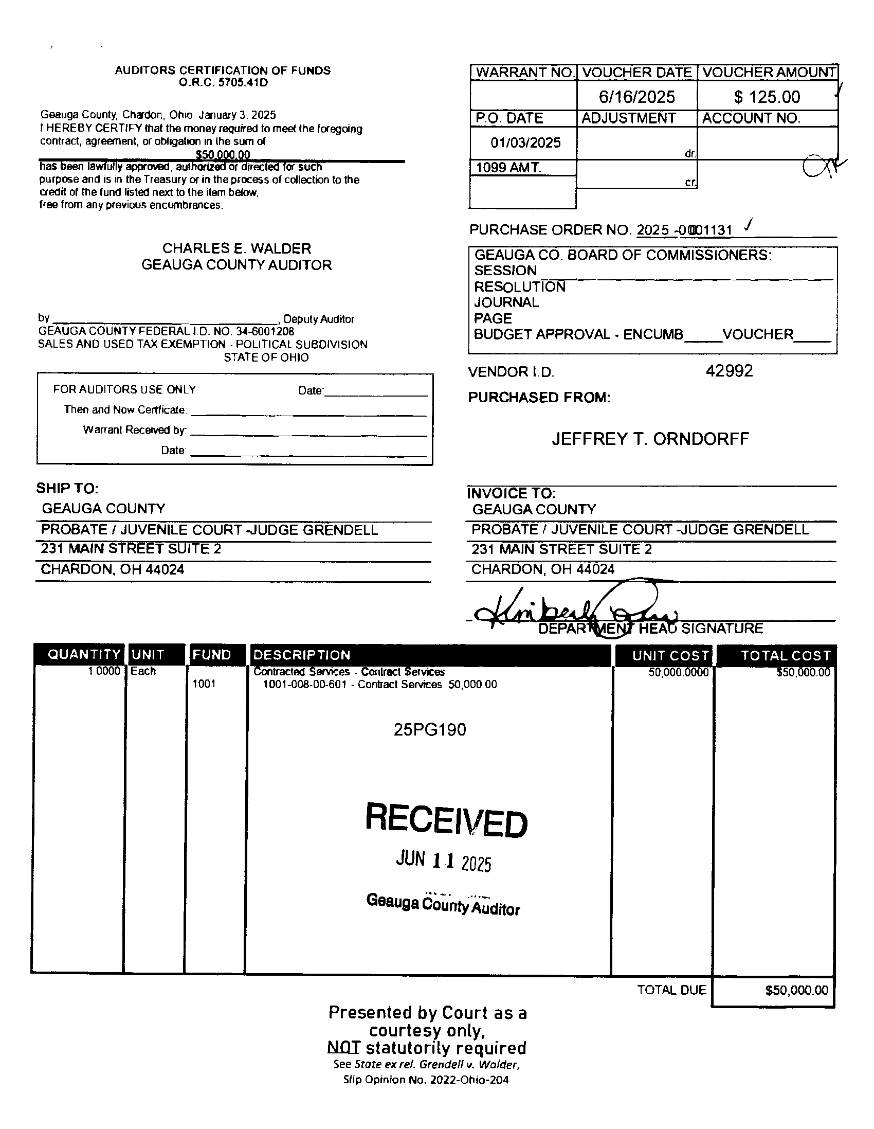 Auditor's Certification of Funds