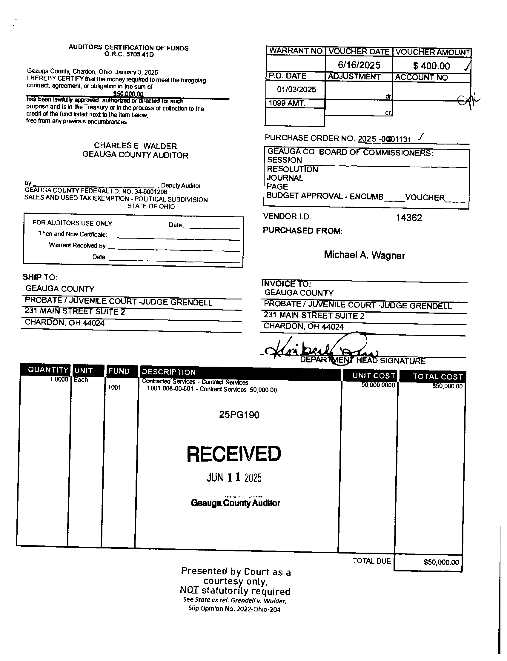 Auditor's Certification of Funds