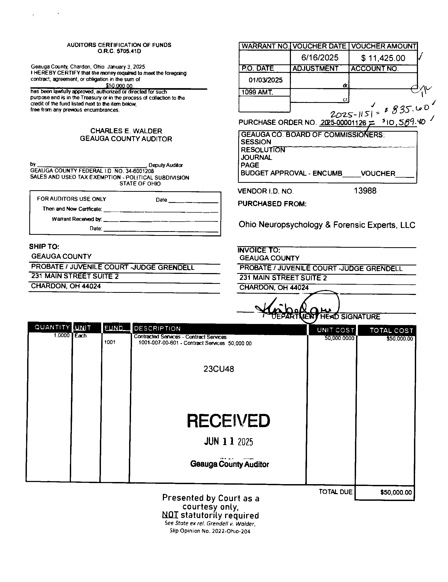 Auditor's Certification of Funds