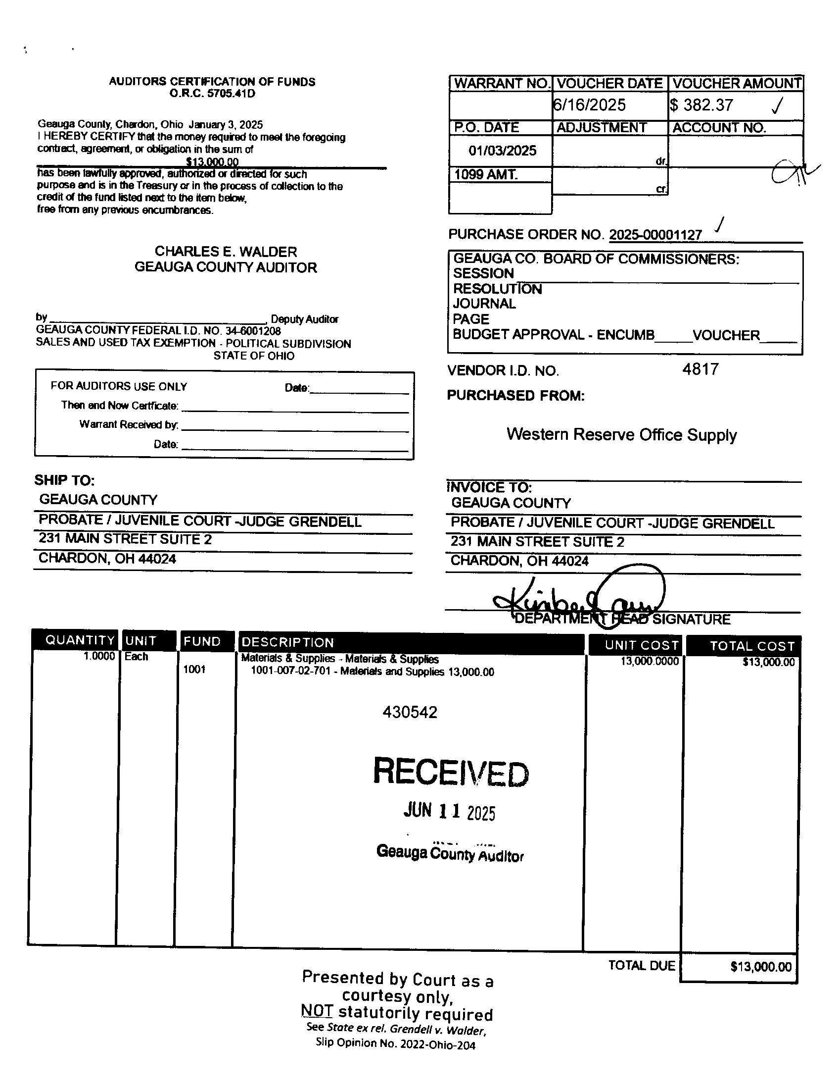 Auditor's Certification of Funds