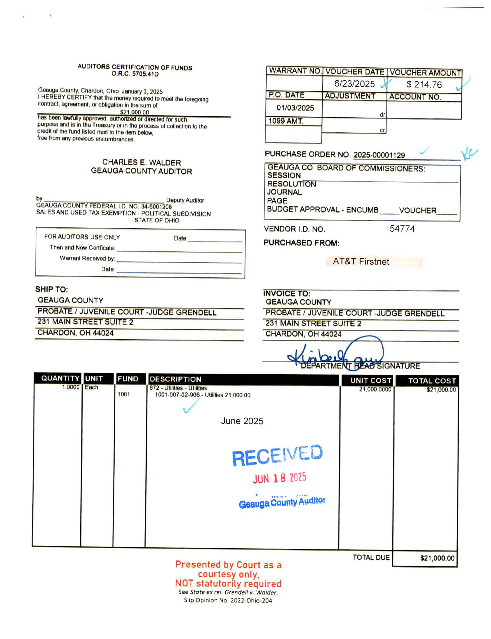Auditor's Certification of Funds