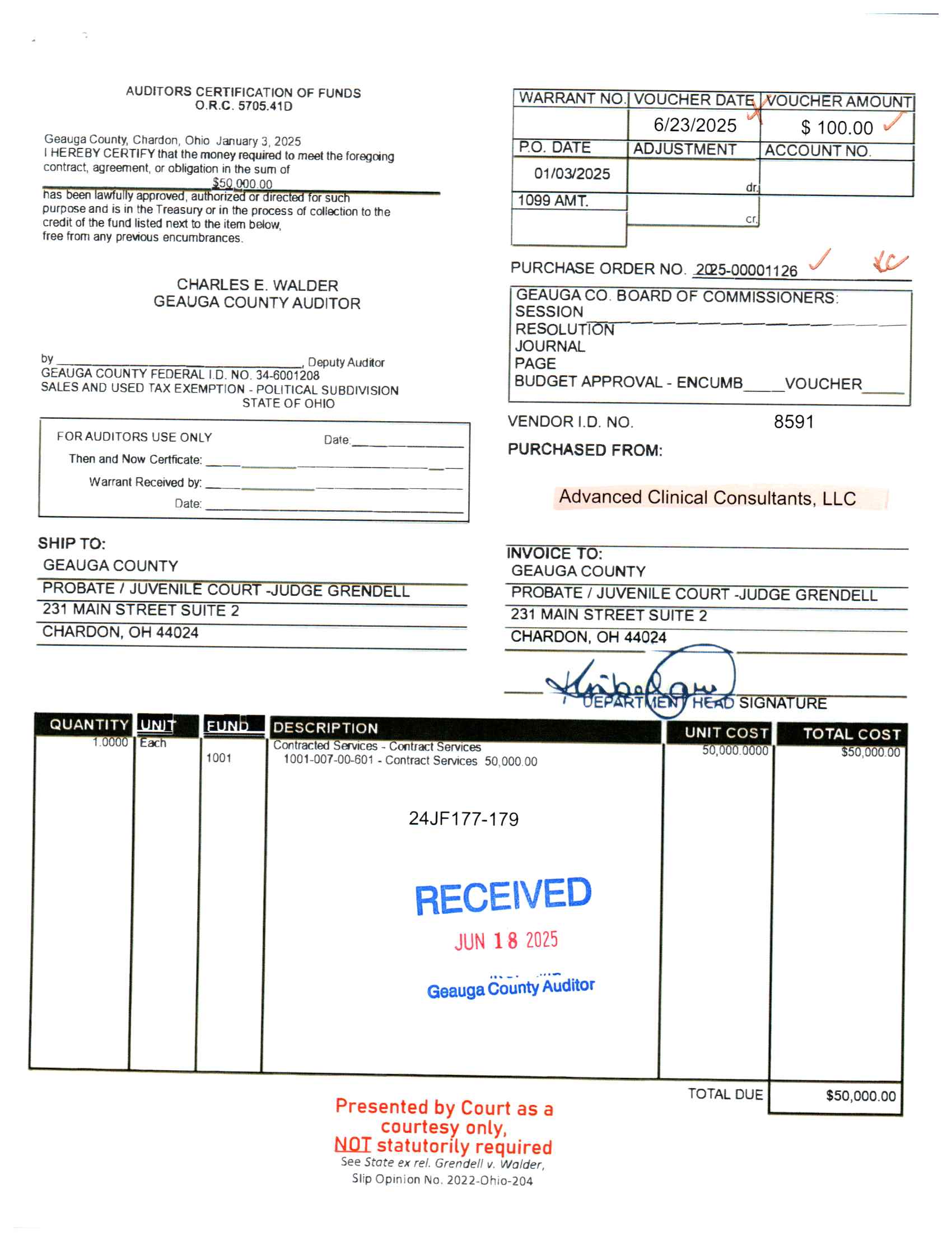 Auditor's Certification of Funds