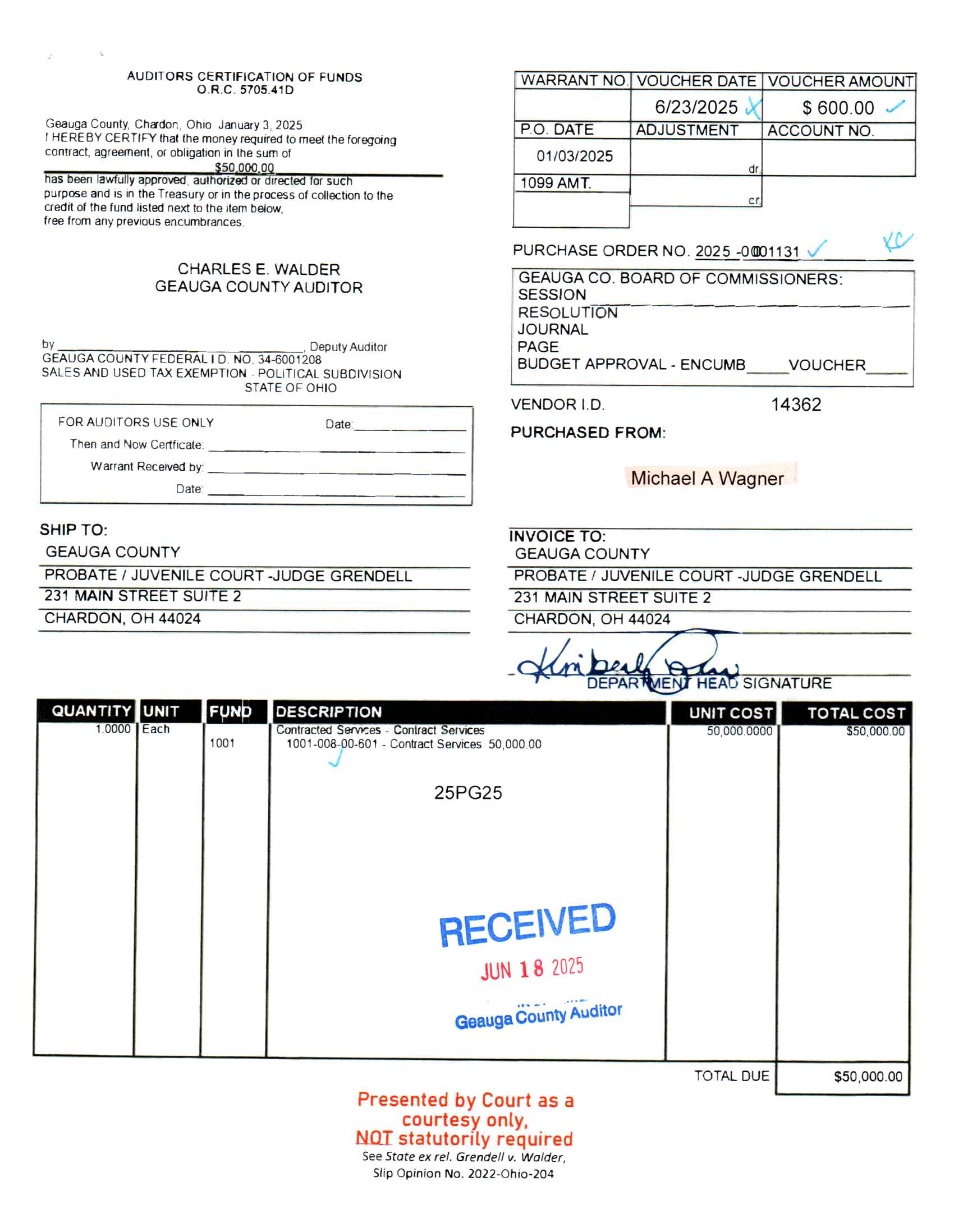 Auditor's Certification of Funds
