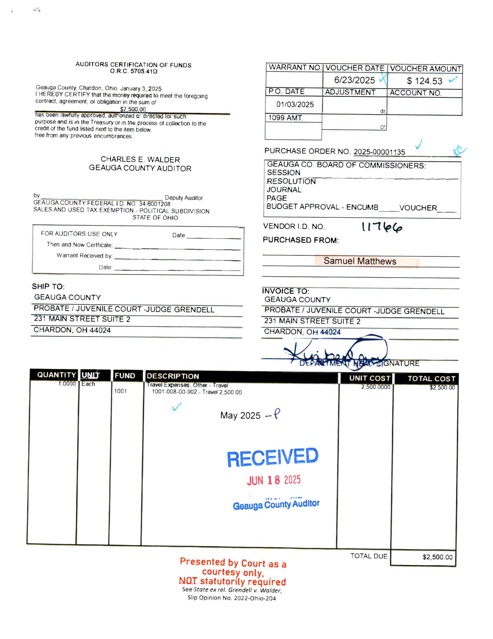 Auditor's Certification of Funds