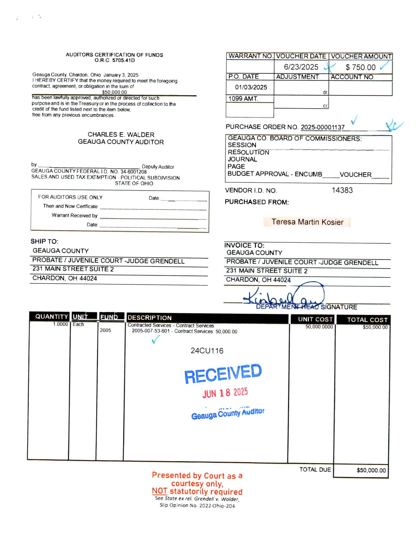 Auditor's Certification of Funds