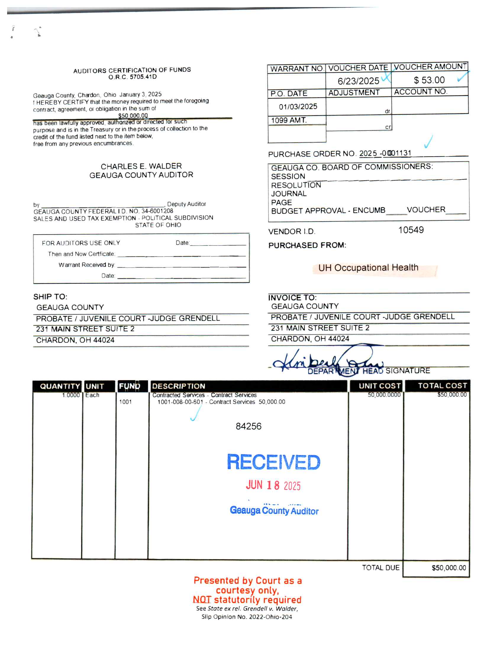 Auditor's Certification of Funds