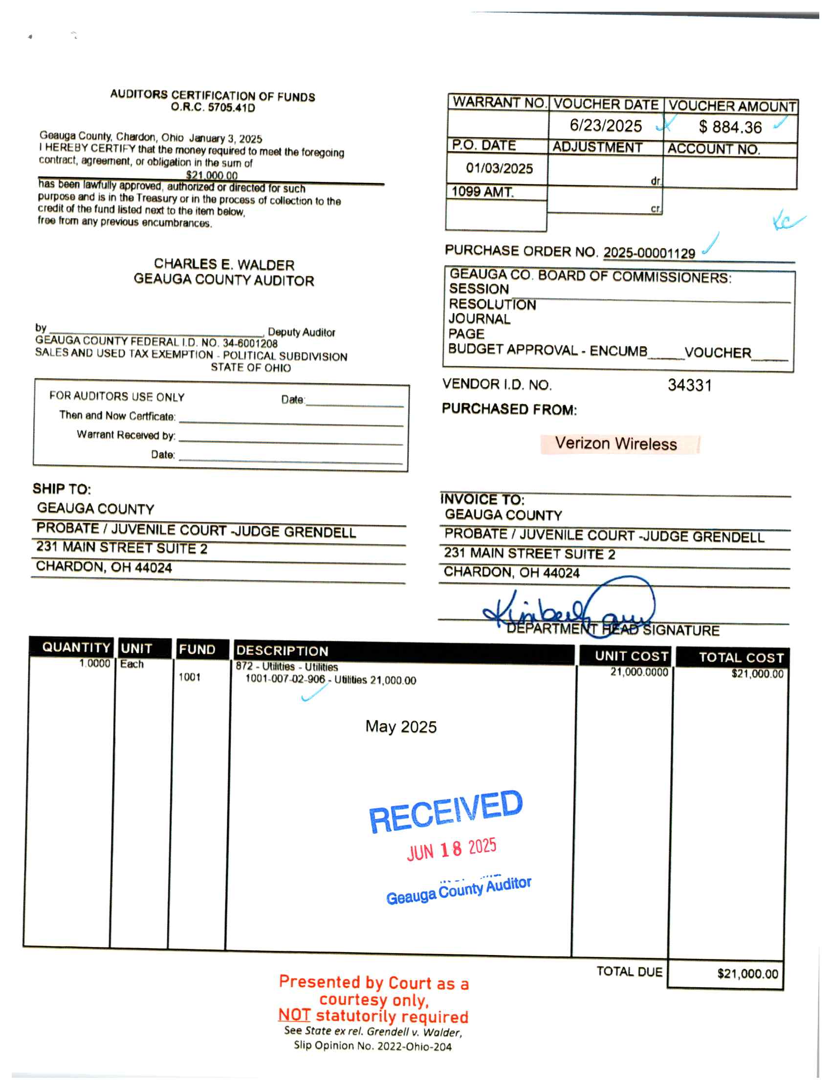 Auditor's Certification of Funds