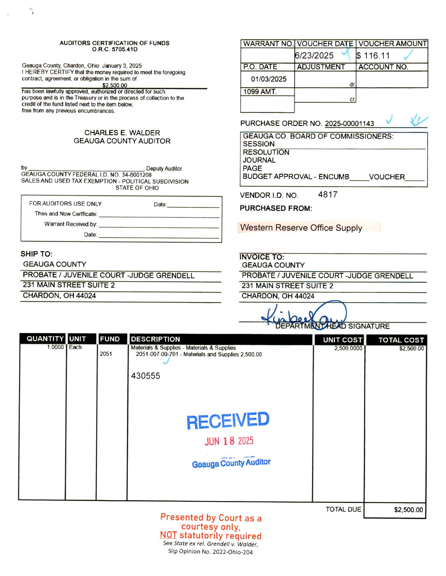Auditor's Certification of Funds