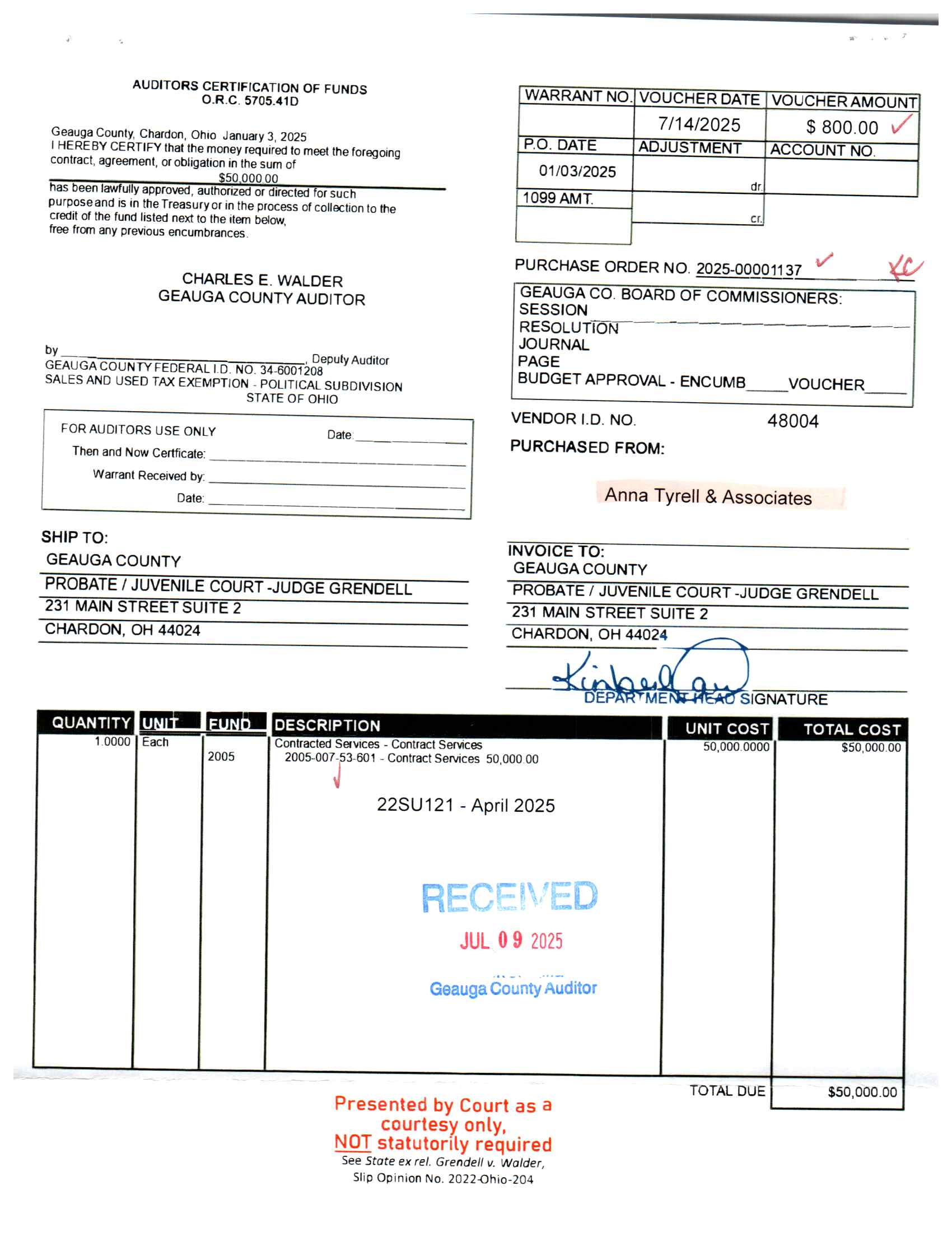 Auditor's Certification of Funds