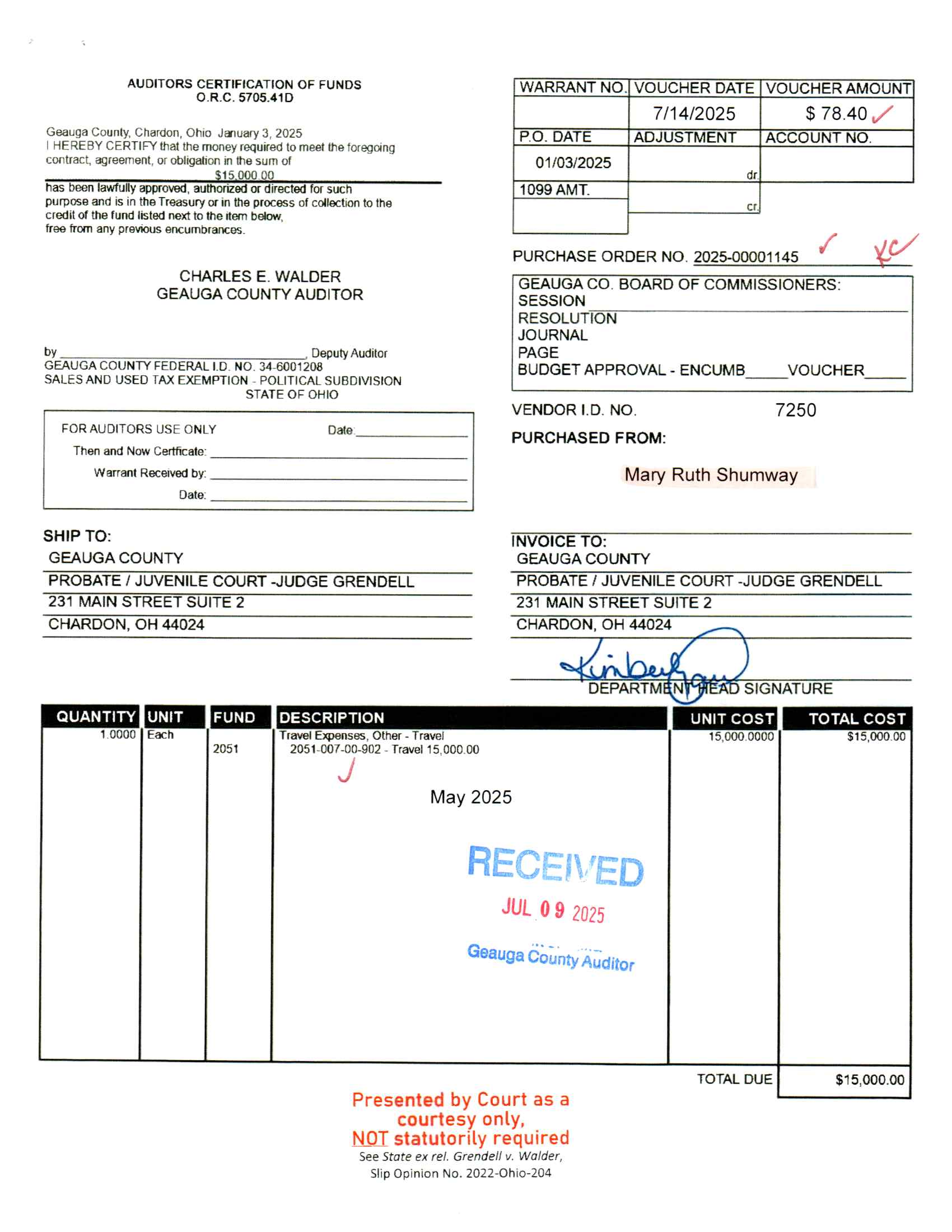 Auditor's Certification of Funds