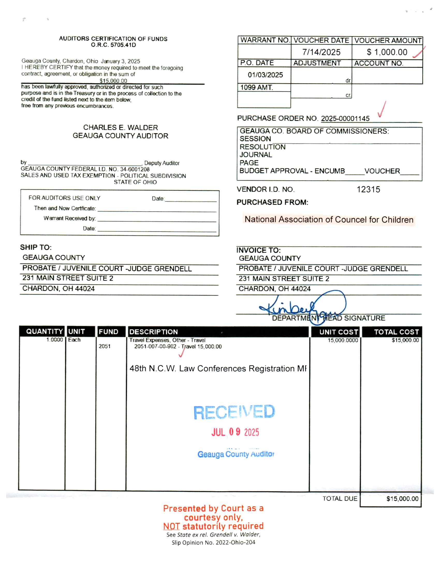 Auditor's Certification of Funds
