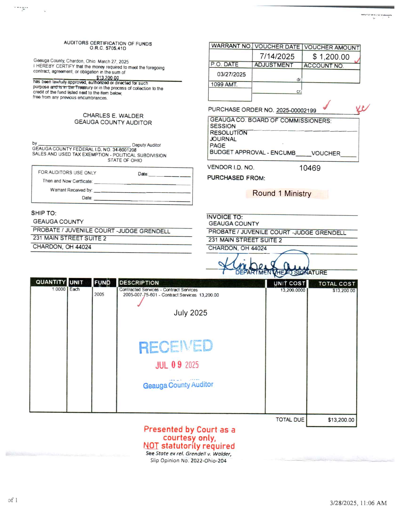 Auditor's Certification of Funds