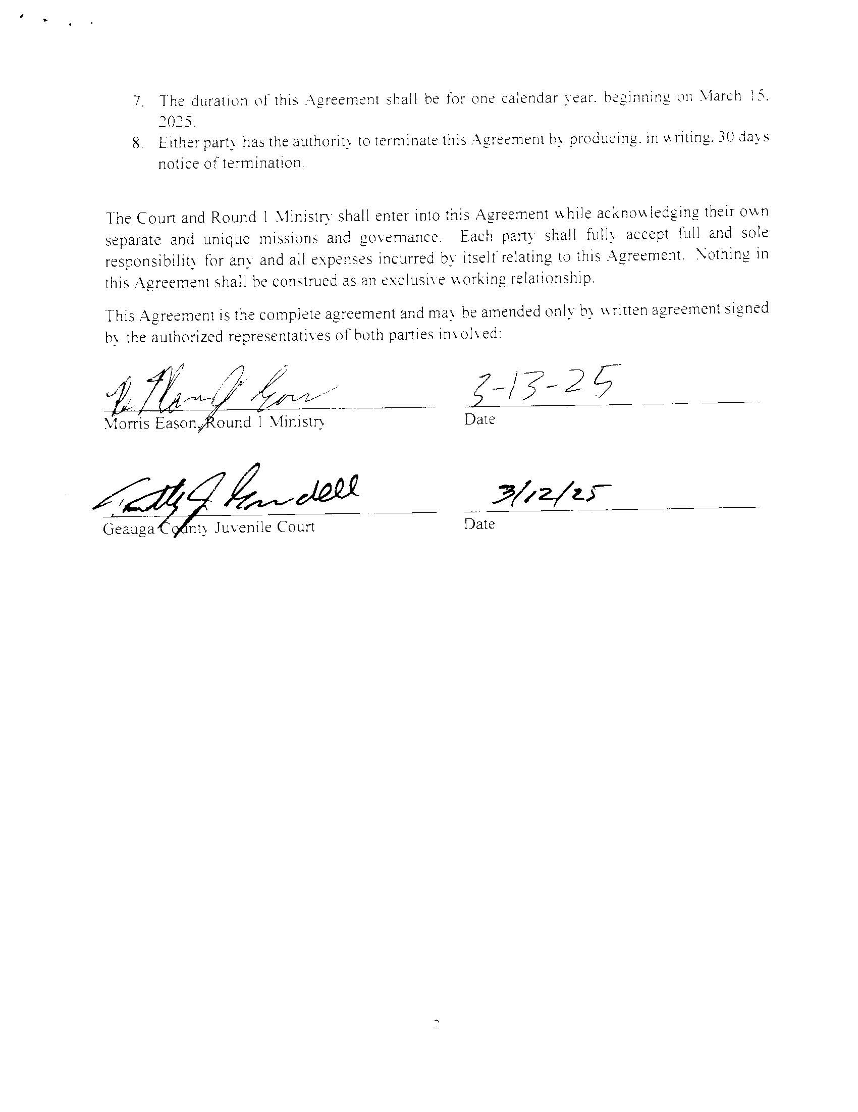Agreement between Geauga County Juvenile Court and Round 1 Ministry Continuation