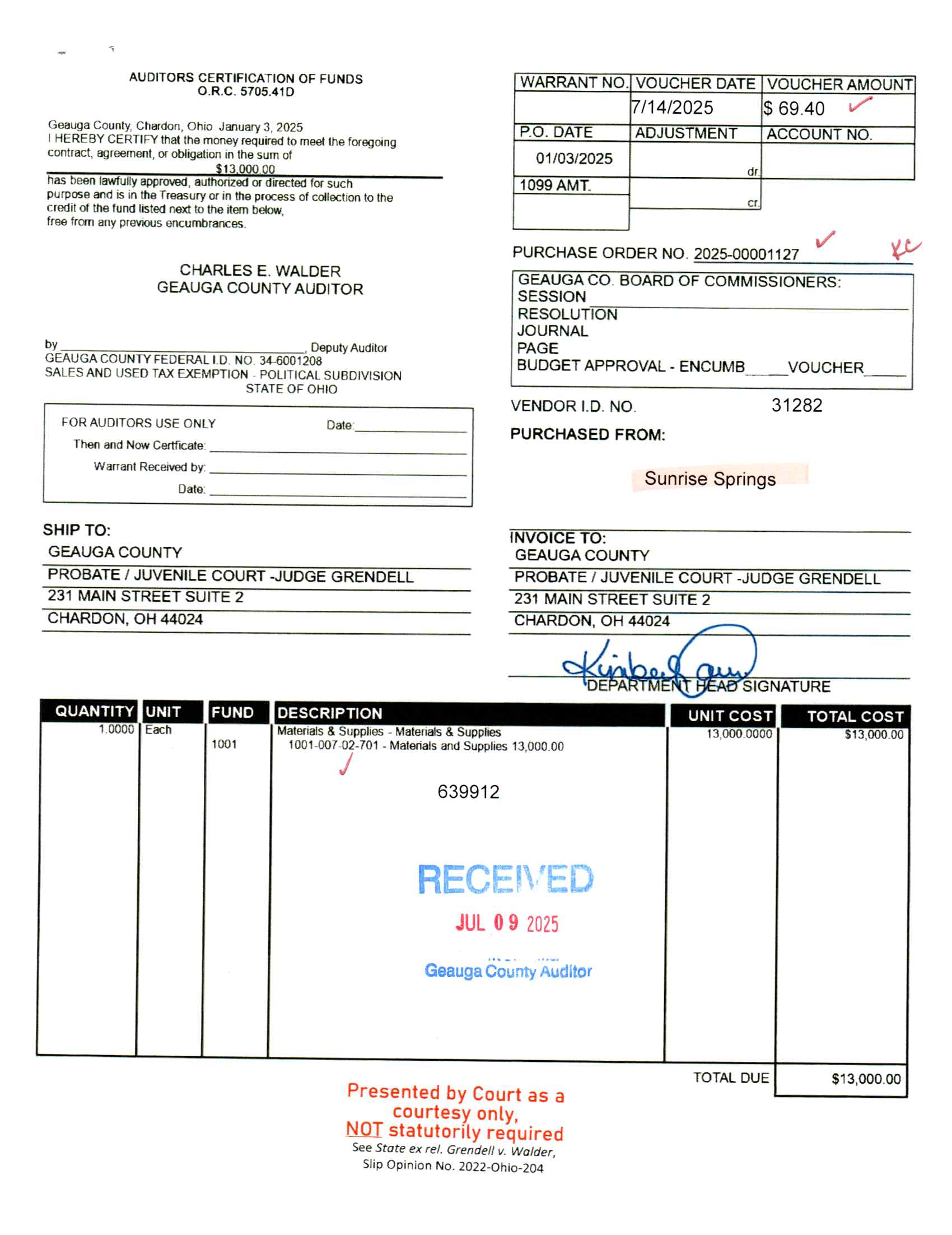 Auditor's Certification of Funds