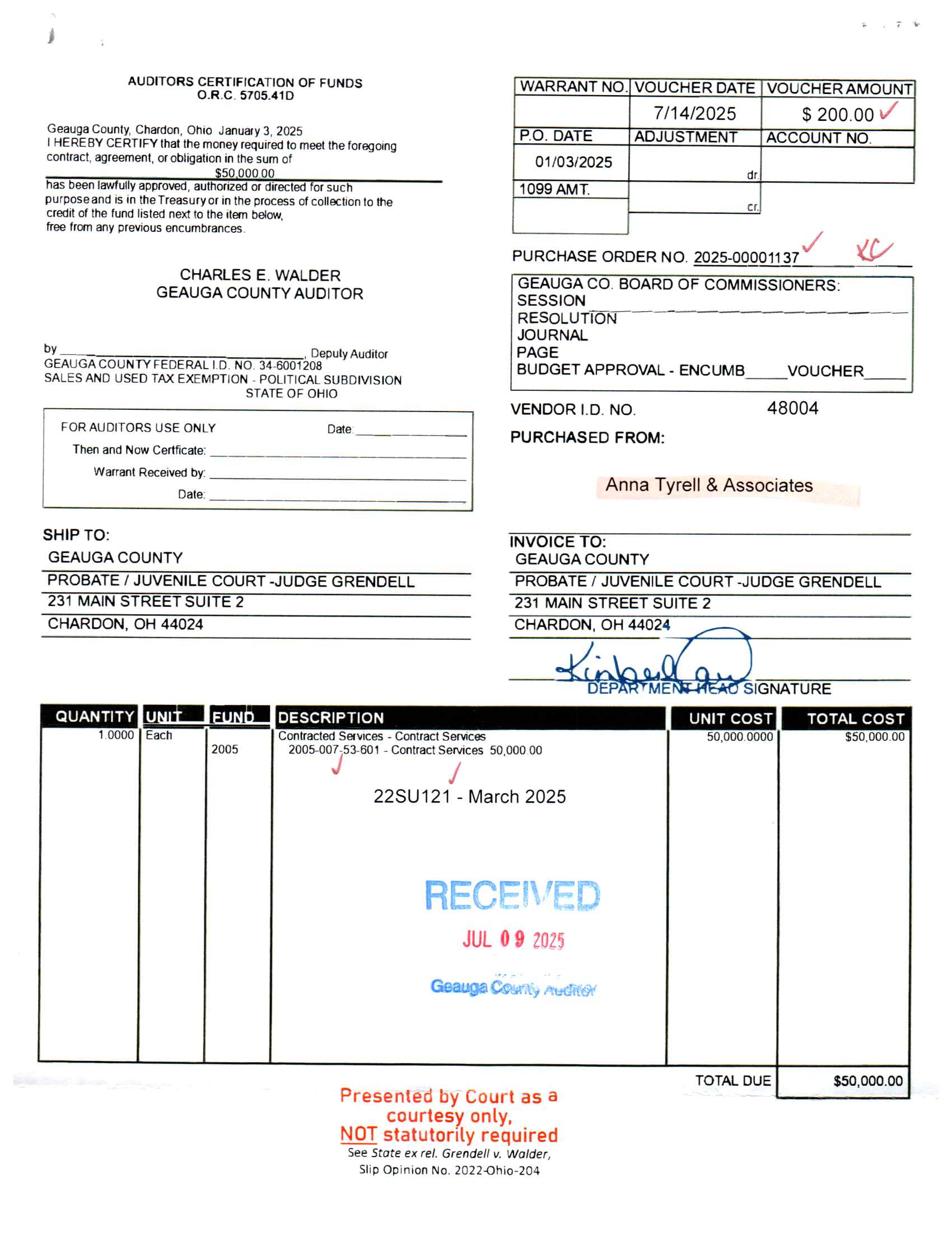 Auditor's Certification of Funds