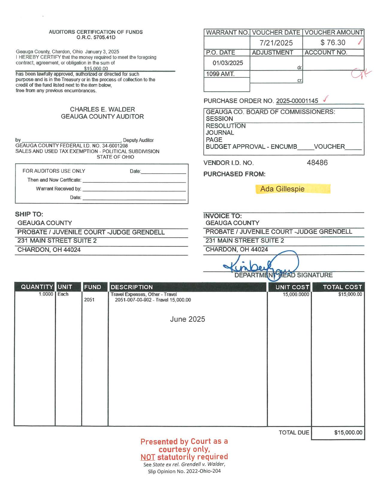 Auditor's Certification of Funds